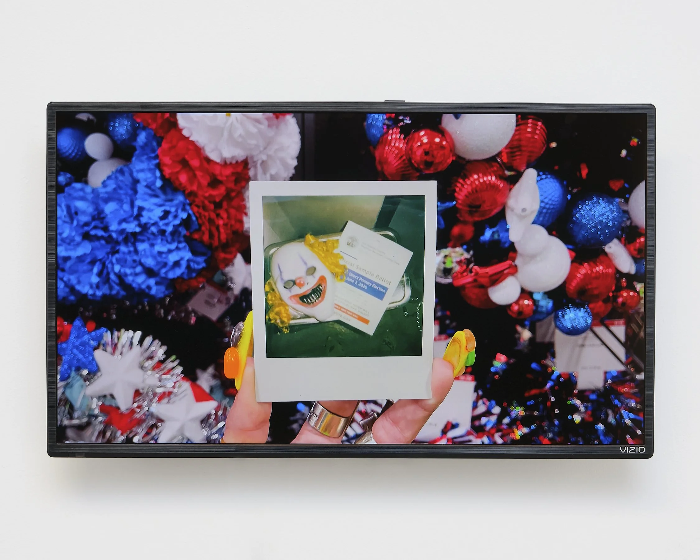 A person holding a small framed picture of a birthday cake with a clown face, yellow hair, orange nose, and green makeup, with a ballot paper on top, in front of a decorated Christmas tree with red, white, and blue ornaments.