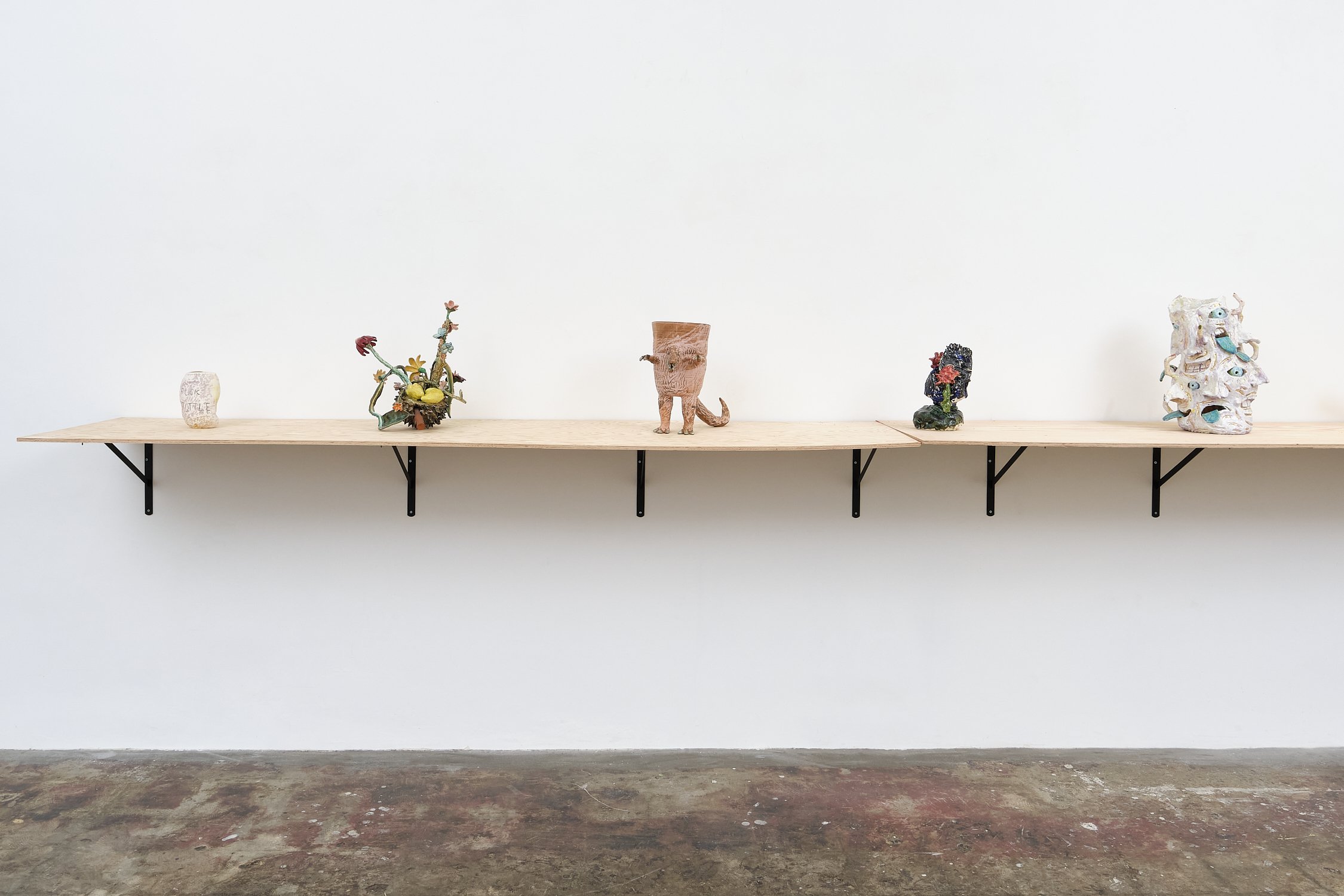 Gallery wall with five unique ceramic sculptures displayed on a minimalist wooden shelf against a white wall.