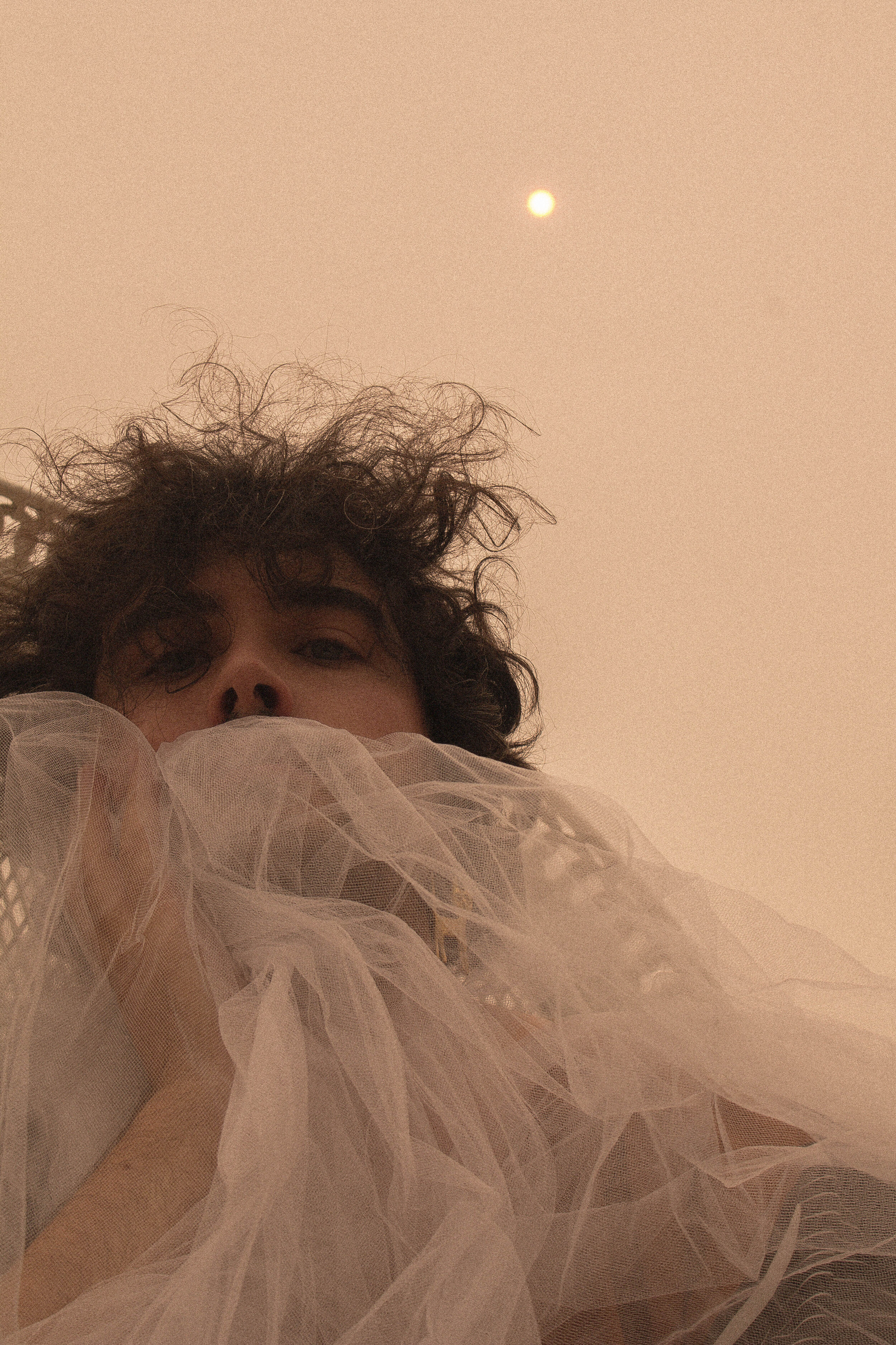 A person with curly hair partially visible, wearing a sheer, ruffled, light-colored garment, against a pinkish-beige sky with a small, bright moon or sun.