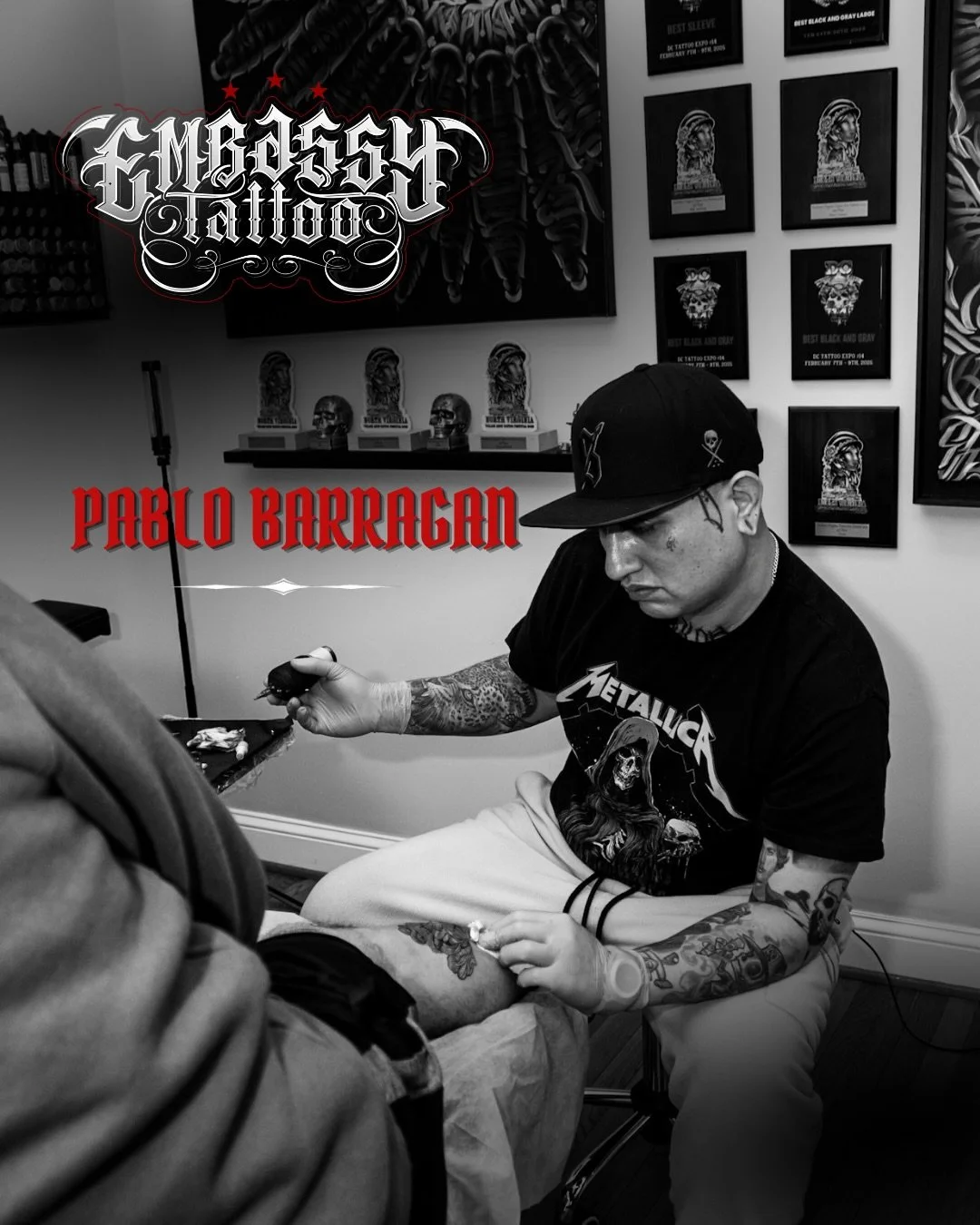 *** ⭐️ NEW RESIDENT ARTIST ⭐️***

We&rsquo;re excited to welcome @pablo_barraggan to the Embassy Tattoo family ! 

Pablo is an award winning tattoo artist specializing in color realism, lettering, black and grey and much more 

His books are now open