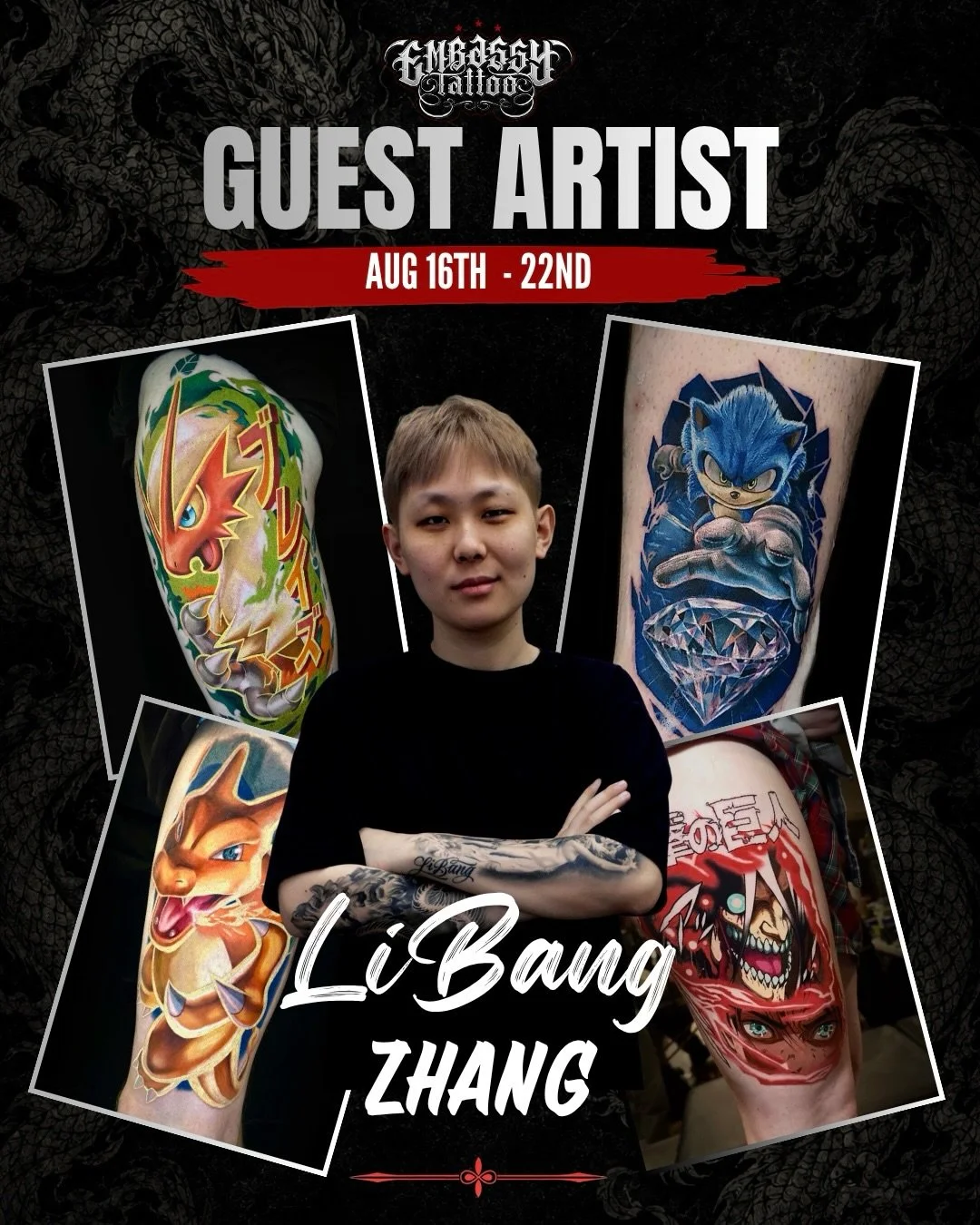 * * * GUEST SPOT ANNOUNCEMENT * * * 

@libangtattoo will be joining us at Embassy Tattoo from August 16th&ndash;22nd! 🔥

specializing in color work ranging from anime to realism, he&rsquo;s bringing his style to DC for ONE WEEK ONLY.
Books are open 