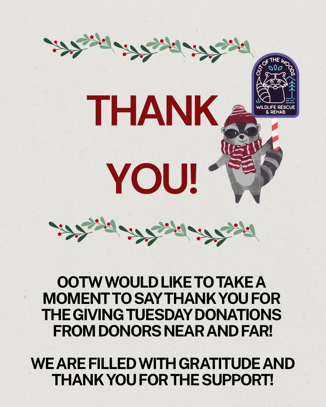 We could not do this work without your support! THANK YOU! &hearts;️ #givingtuesday #thankyou #thankyoudonors #outofthewoodswildlife #tennessee #westtennessee #donorappreciation #nonprofit #gratitude #wildlifeeducation #wildliferescue #wildliferehab