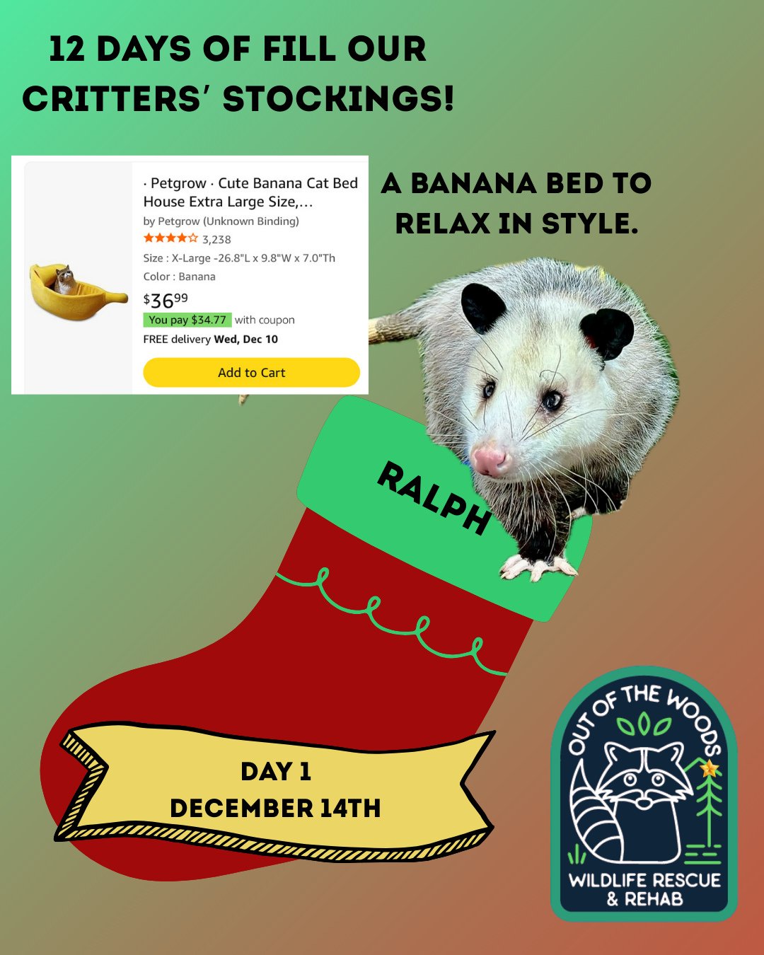 Day 1 of the 12 days of fill our critter&rsquo;s stockings features Ralph, our opossum education ambassador, and a banana bed! If you&rsquo;re interested in contributing, you can find this item and the rest of our Amazon wishlist here: https://bit.ly