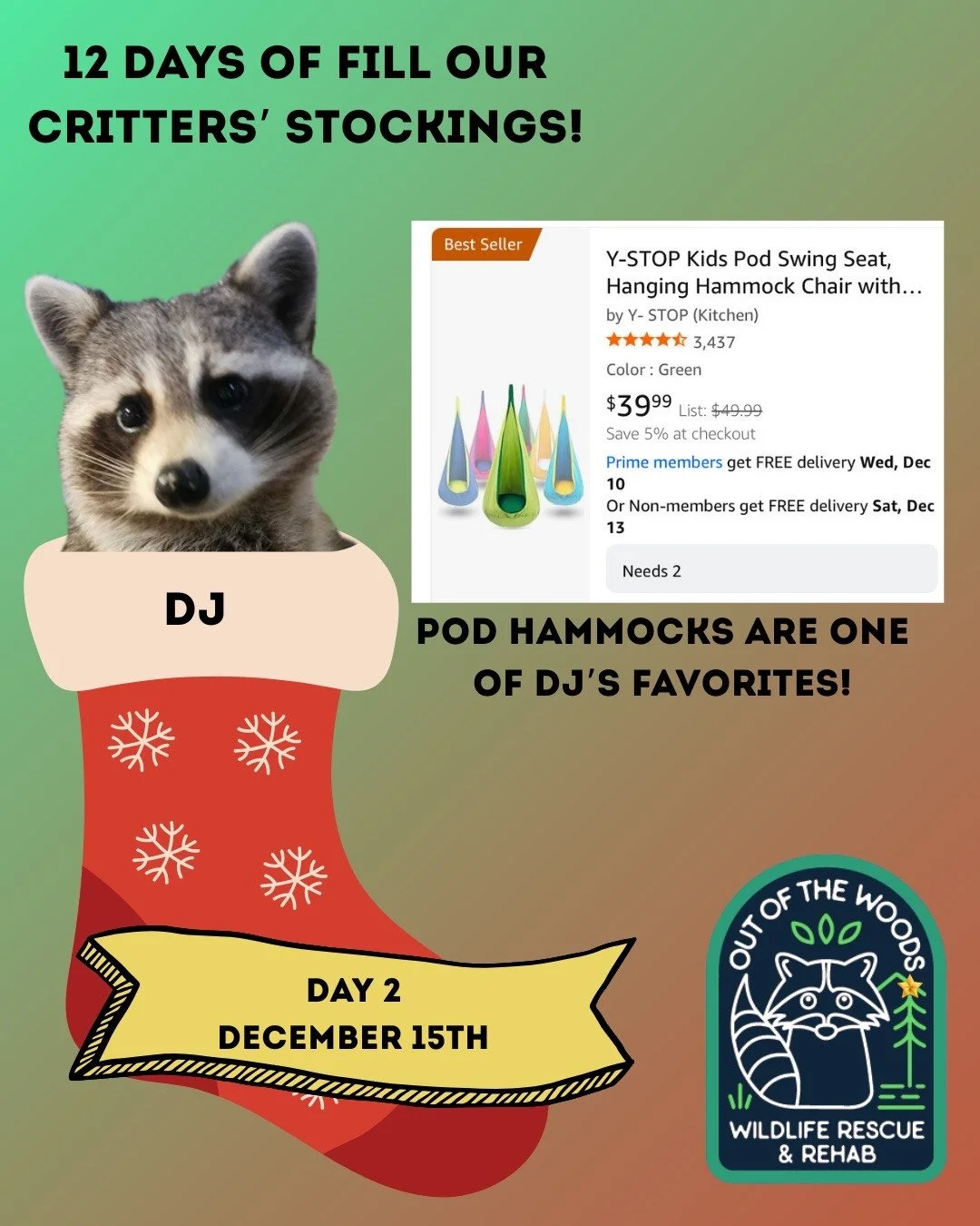 Day 2 of the 12 days of fill our critter&rsquo;s stockings features DJ, one of our raccoon education ambassadors, and pod hammocks! If you&rsquo;re interested in contributing, you can find this item and the rest of our Amazon wishlist here: https://b