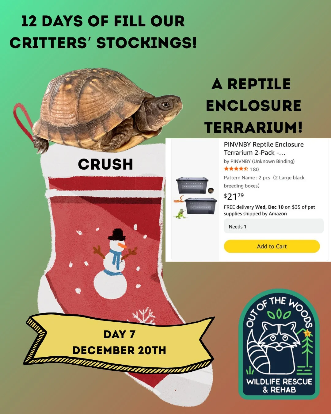 Day 7 of the 12 days of fill our critter&rsquo;s stockings features Crush, who is a patient at OOTW, and terrariums! If you&rsquo;re interested in contributing, you can find this item and the rest of our Amazon wishlist here: https://bit.ly/42EHu5z 

