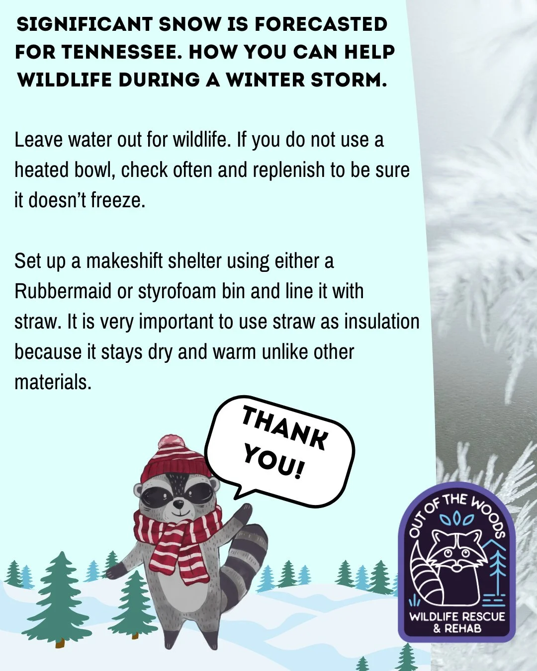 We&rsquo;re getting a significant snowstorm this weekend. ❄️ Some ways you can help wildlife during a winter storm is by leaving water out for them and setting up shelter, so that they can seek refuge while passing through. If you don&rsquo;t use a h