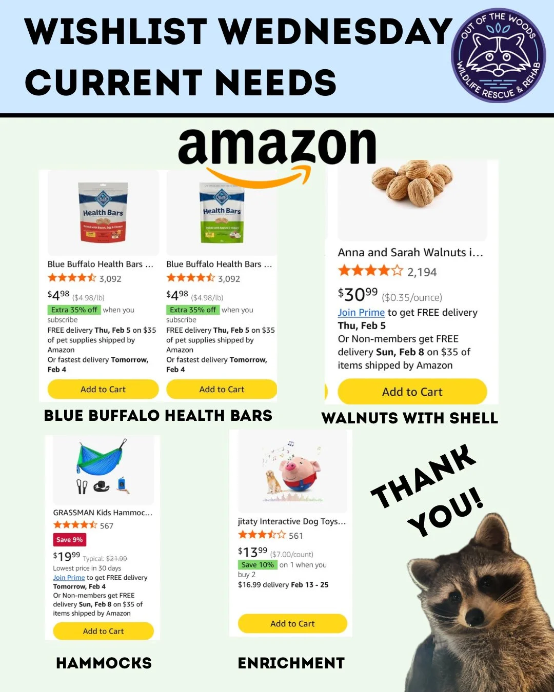It&rsquo;s Wishlist Wednesday! Blue Buffalo treats, walnuts in the shell, hammocks, and enrichment are at the top of our list this week! Amazon wishlist here: https://bit.ly/42EHu5z 
Also, be sure to check out our registry with @henrys_healthy_ pets 
