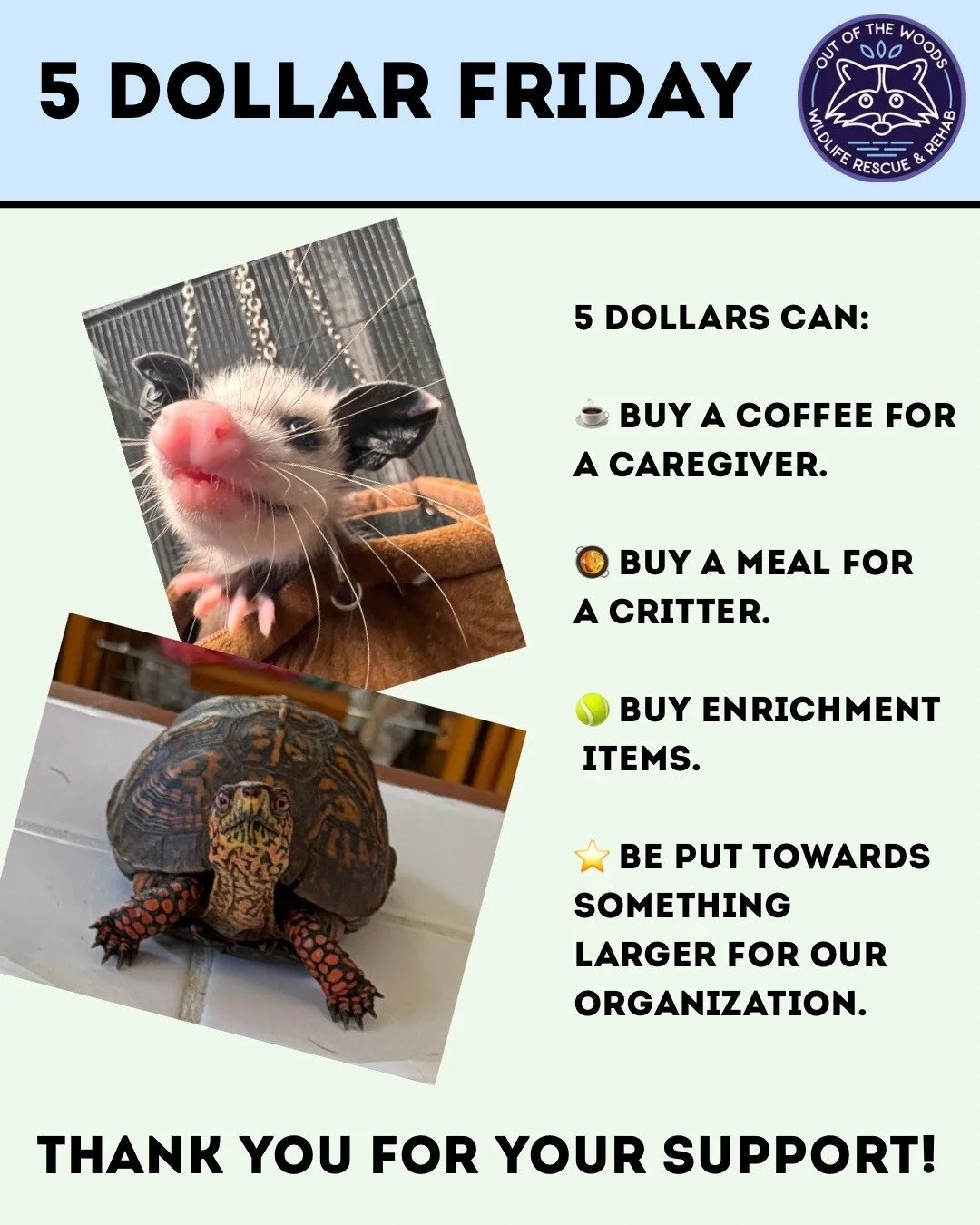 Hi Friends, it&rsquo;s 5 dollar Friday! This can be a coffee for a caregiver, a meal for a critter, or put towards something larger for our organization! This small amount adds up and makes a big difference in the lives and rehabilitation journeys of