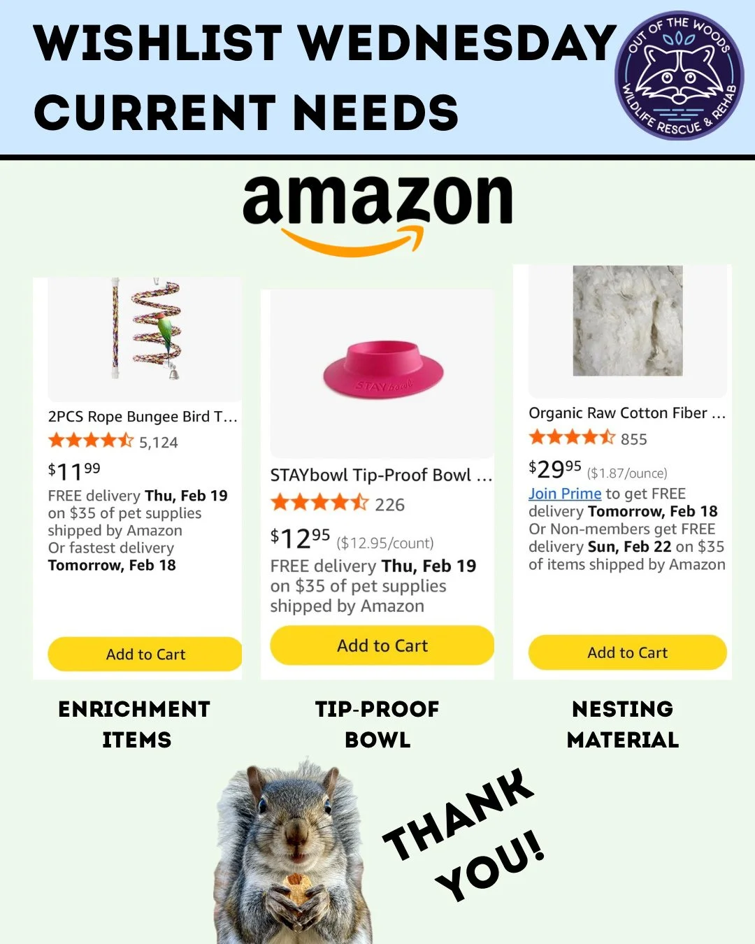 It&rsquo;s Wishlist Wednesday! Enrichment items, tip-proof bowls, and nesting material are at the top of our list this week! Amazon wishlist here: https://bit.ly/42EHu5z 
Also, be sure to check out our registry with @henrys_healthy_ pets here: https: