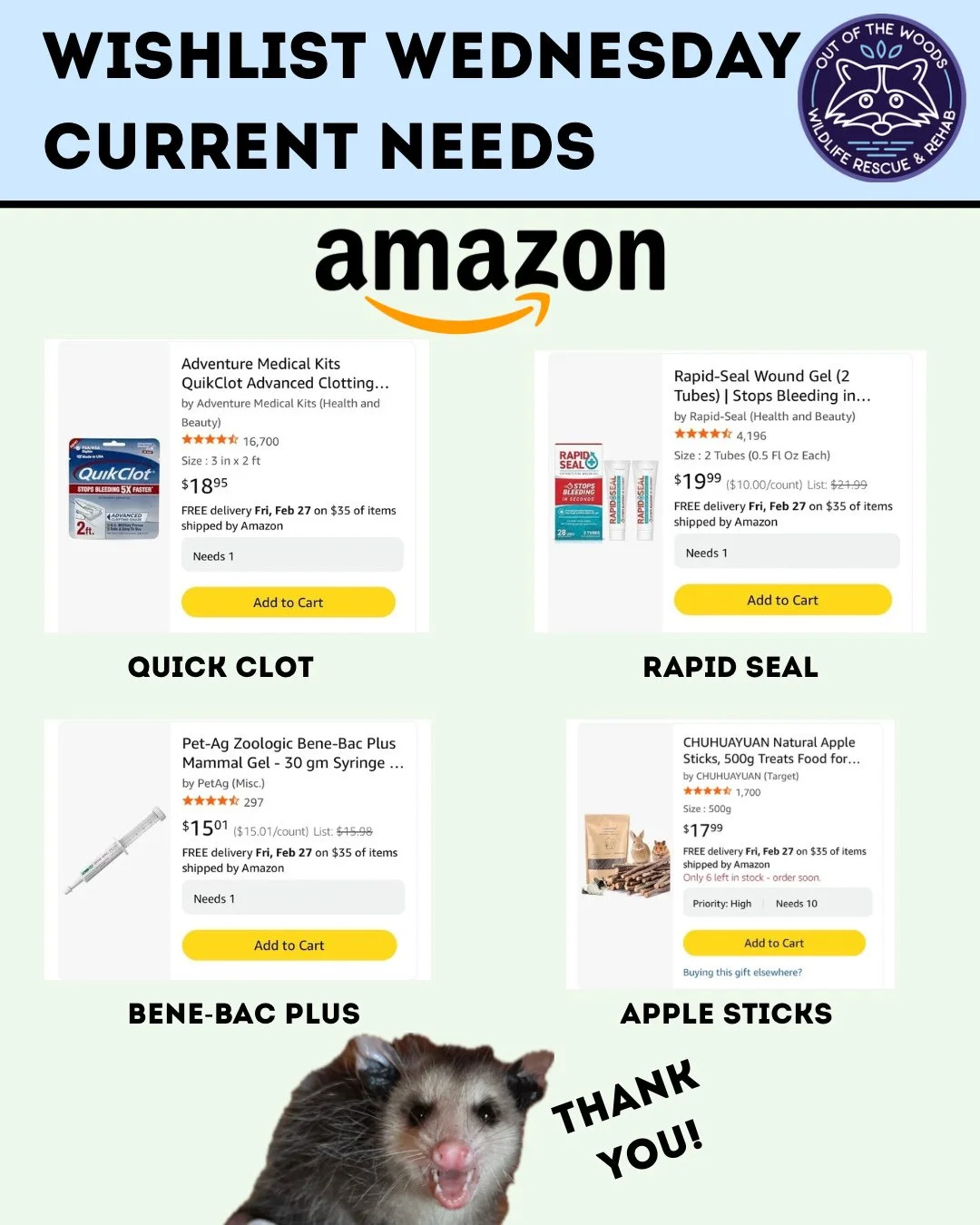 It&rsquo;s Wishlist Wednesday! First aid items, Bene-Bac Plus, and apple sticks are at the top of our list this week! Amazon wishlist here: https://bit.ly/42EHu5z 
Also, be sure to check out our registry with @henrys_healthy_ pets here: https://henry