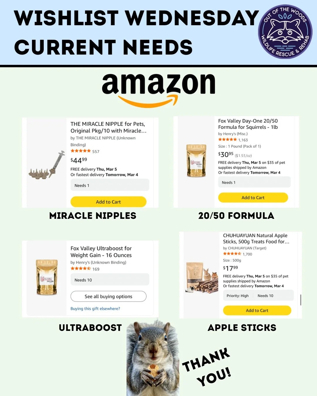 It&rsquo;s Wishlist Wednesday! It&rsquo;s all about items for squirrels this week! Amazon wishlist here: https://bit.ly/42EHu5z 
⭐️THANK YOU for your continued support and making the work we do possible!⭐️
#wishlistwednesday #amazon #amazonwishlist #