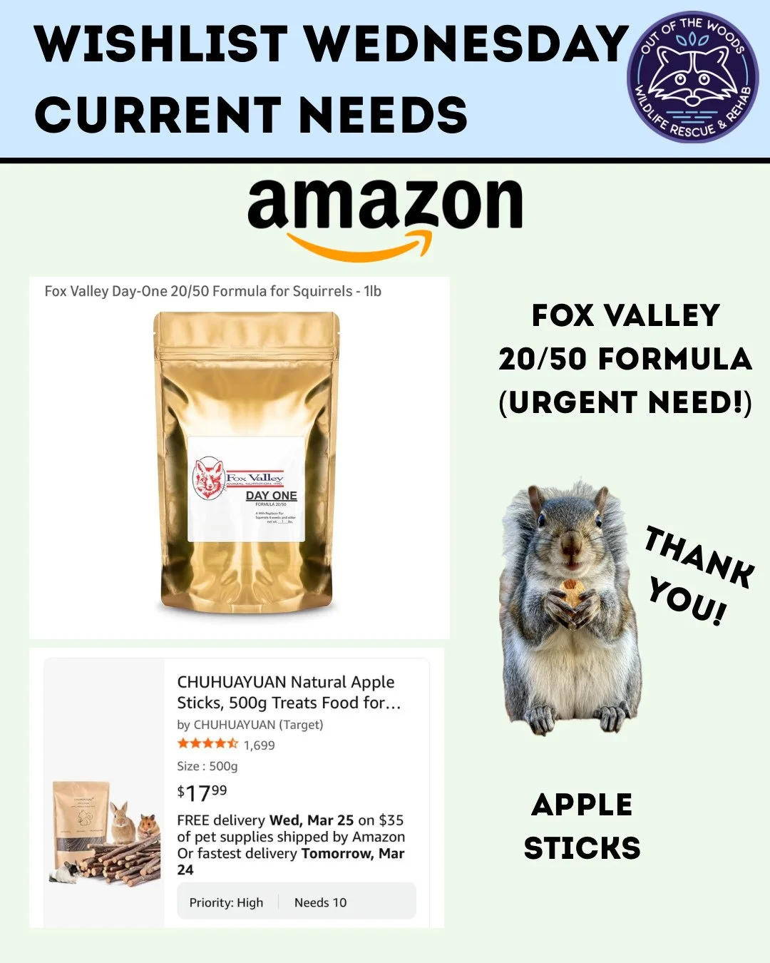 It&rsquo;s Wishlist Wednesday! Fox Valley 20/50 formula is an urgent need this week. Apple sticks are also at the top of our list. Amazon wishlist here: https://bit.ly/42EHu5z 
⭐️THANK YOU for your continued support and making the work we do possible