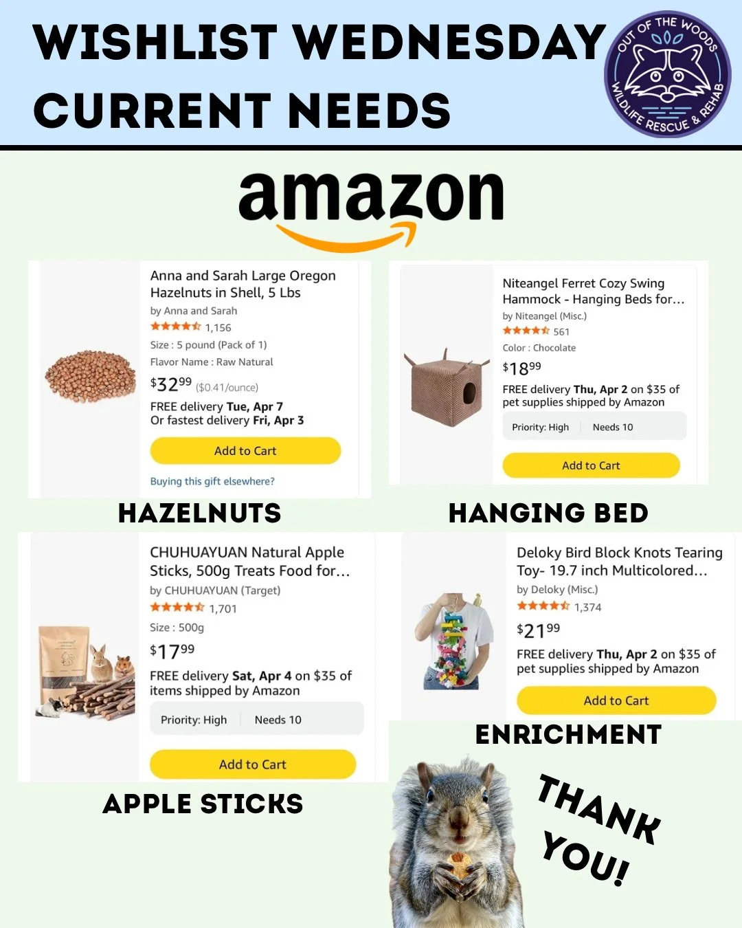 It&rsquo;s Wishlist Wednesday and it&rsquo;s all about our squirrel patients this week! Amazon wishlist here: https://bit.ly/42EHu5z 
⭐️THANK YOU for your continued support and making the work we do possible!⭐️
#wishlistwednesday #amazon #amazonwishl