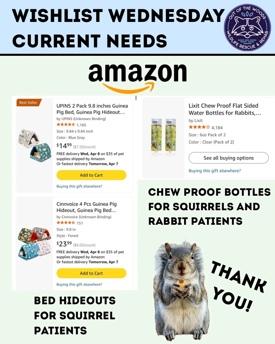 Another squirrelly Wishlist Wednesday has arrived! We&rsquo;ve got a lot of squirrel patients!Amazon wishlist here: https://bit.ly/42EHu5z 
⭐️THANK YOU for your continued support and making the work we do possible!⭐️
#wishlistwednesday #amazon #amazo