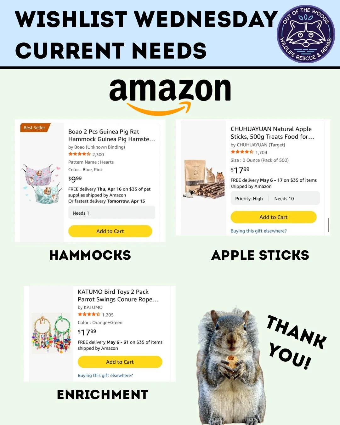 Happy Wishlist Wednesday! We are currently in need of hammocks, apple sticks, and enrichment items for our squirrel patients!Amazon wishlist here: https://bit.ly/42EHu5z 
⭐️THANK YOU for your continued support and making the work we do possible!⭐️
#w