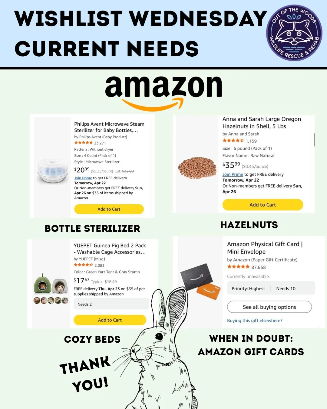 Happy Wishlist Wednesday! We are currently in need of a steam bottle cleaner, hazelnuts, cozy beds, and when in doubt . . . Amazon gift cards! Amazon wishlist here: https://bit.ly/42EHu5z 
⭐️THANK YOU for your continued support and making the work we