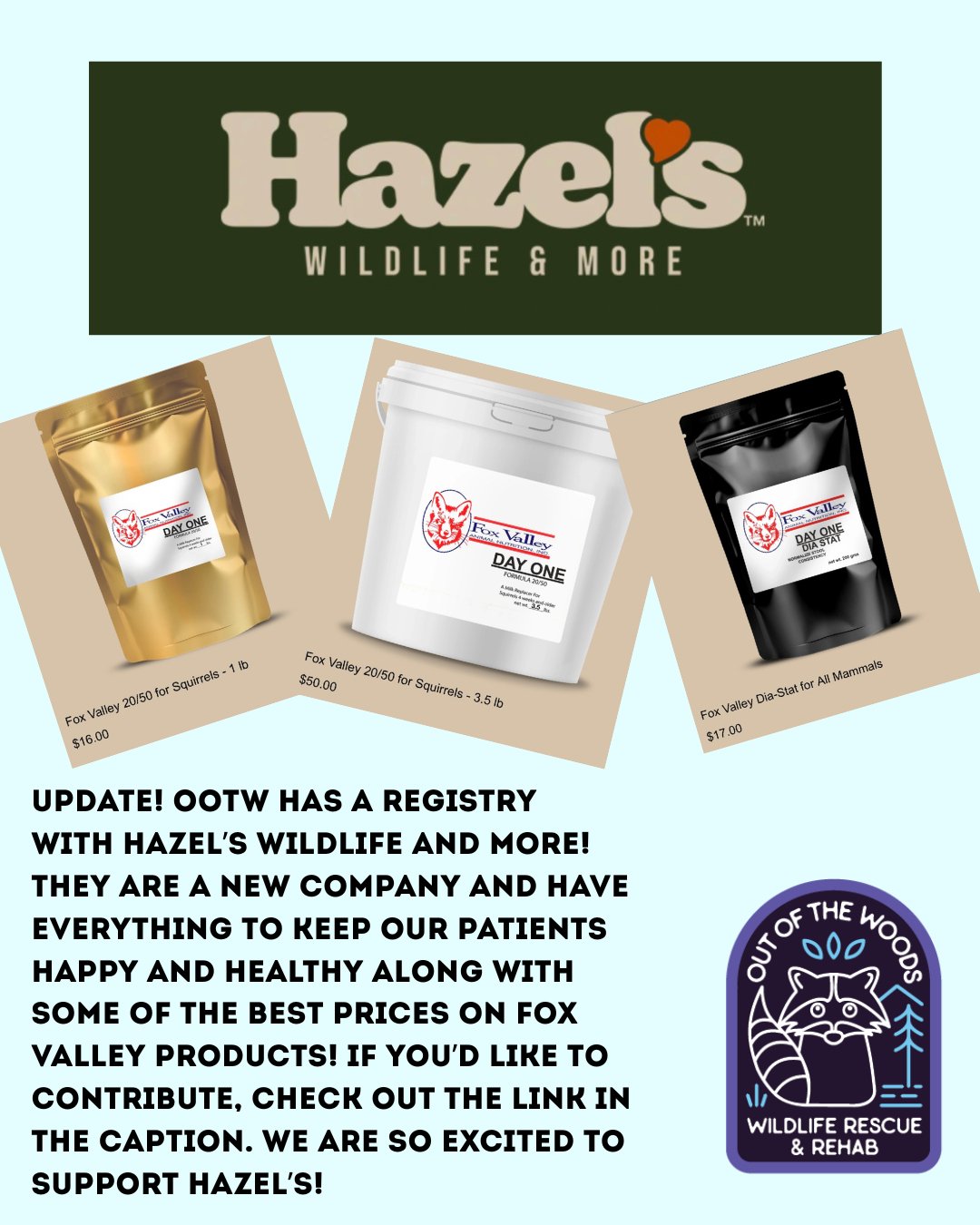 Join us in welcoming Hazel&rsquo;s Wildlife and More @hazels.wildlife! They are a brand new company, have some of the best prices on Fox Valley products, and we&rsquo;re so excited to have a registry with them. We appreciate their support and are hap