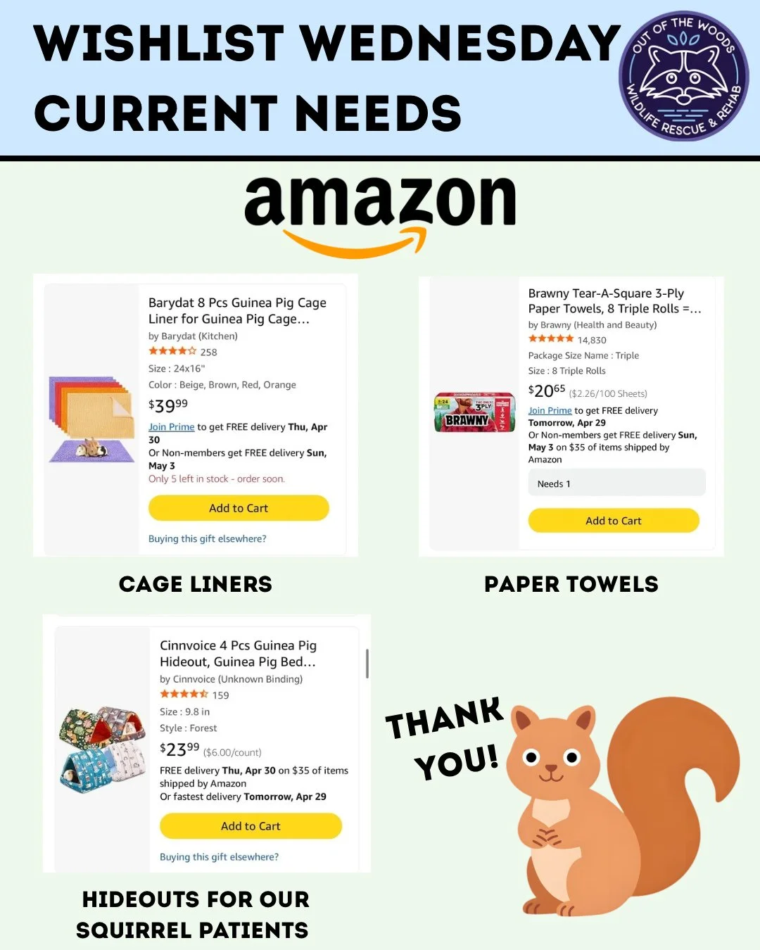 Happy Wishlist Wednesday! We are currently in need of a cage liners, paper towels, and hideouts for our squirrel patients! Amazon wishlist here: https://bit.ly/42EHu5z 
⭐️THANK YOU for your continued support and making the work we do possible!⭐️
#wis