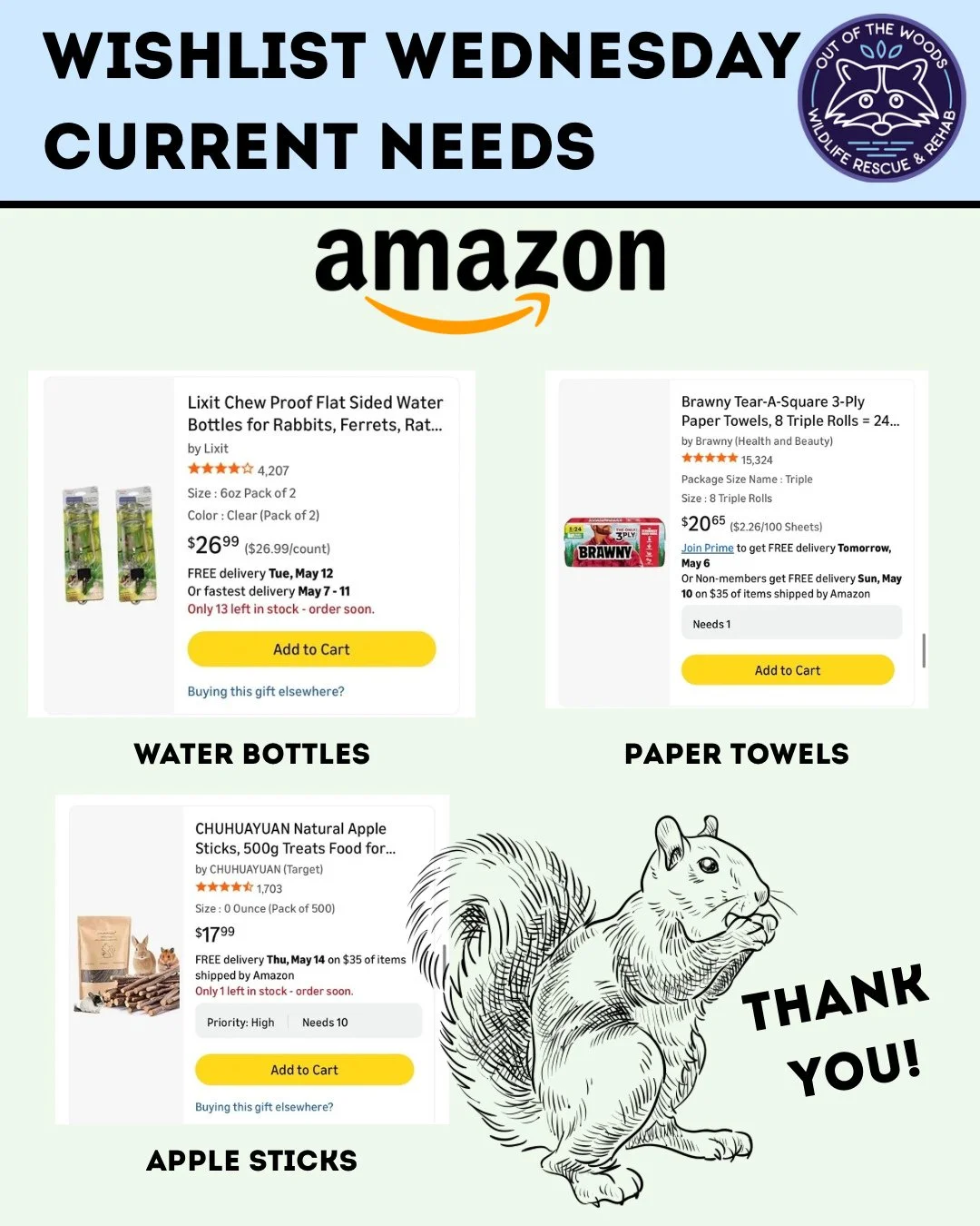 Happy Wishlist Wednesday! We are currently in need of a water bottles, paper towels, and apple sticks this week! Amazon wishlist here: https://bit.ly/42EHu5z 
⭐️THANK YOU for your continued support and making the work we do possible!⭐️
#wishlistwedne