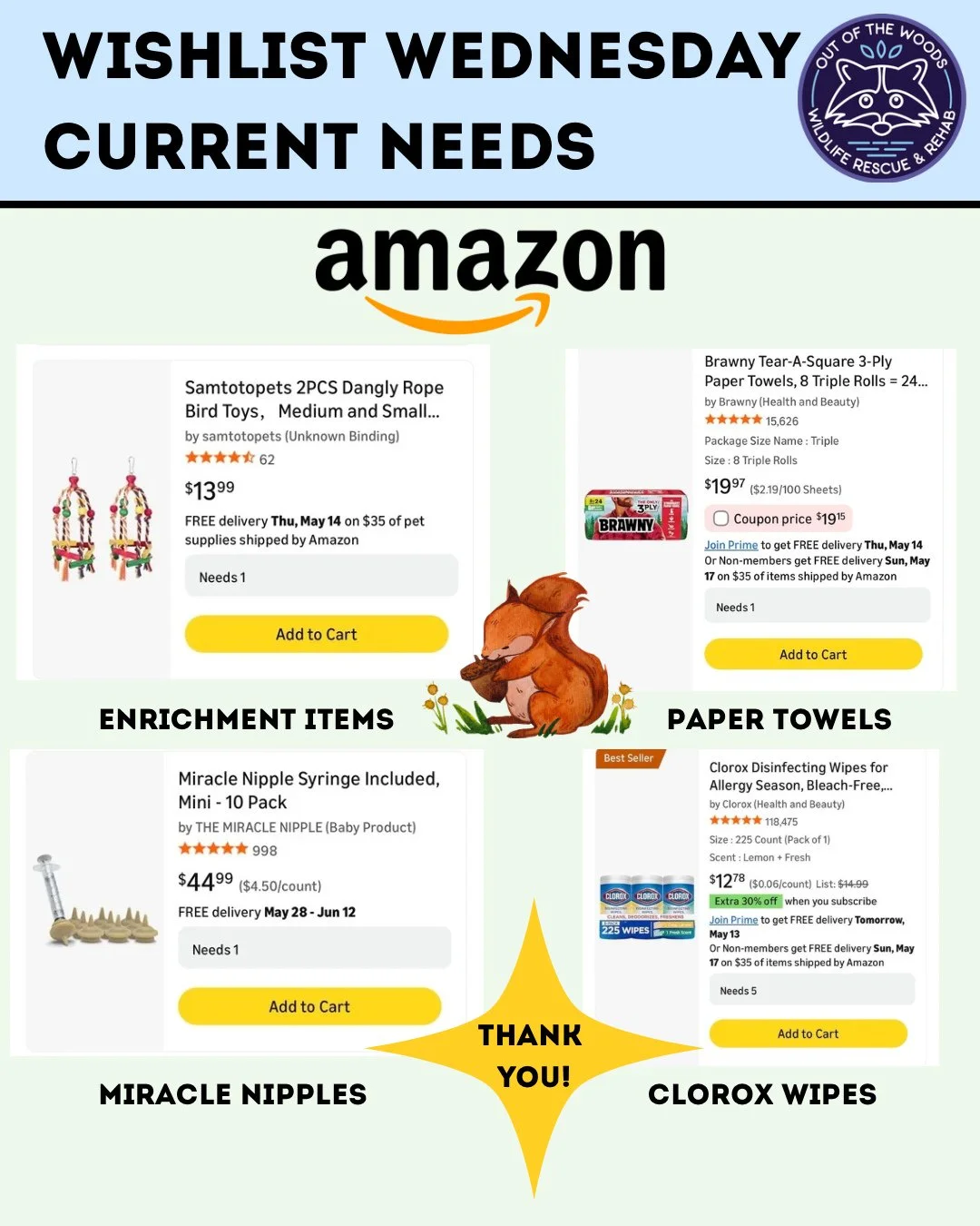 Happy Wishlist Wednesday! We are currently in need of enrichment items, paper towels, miracle nipples, and Clorox wipes this week! Amazon wishlist here: https://bit.ly/42EHu5z 
⭐️THANK YOU for your continued support and making the work we do possible