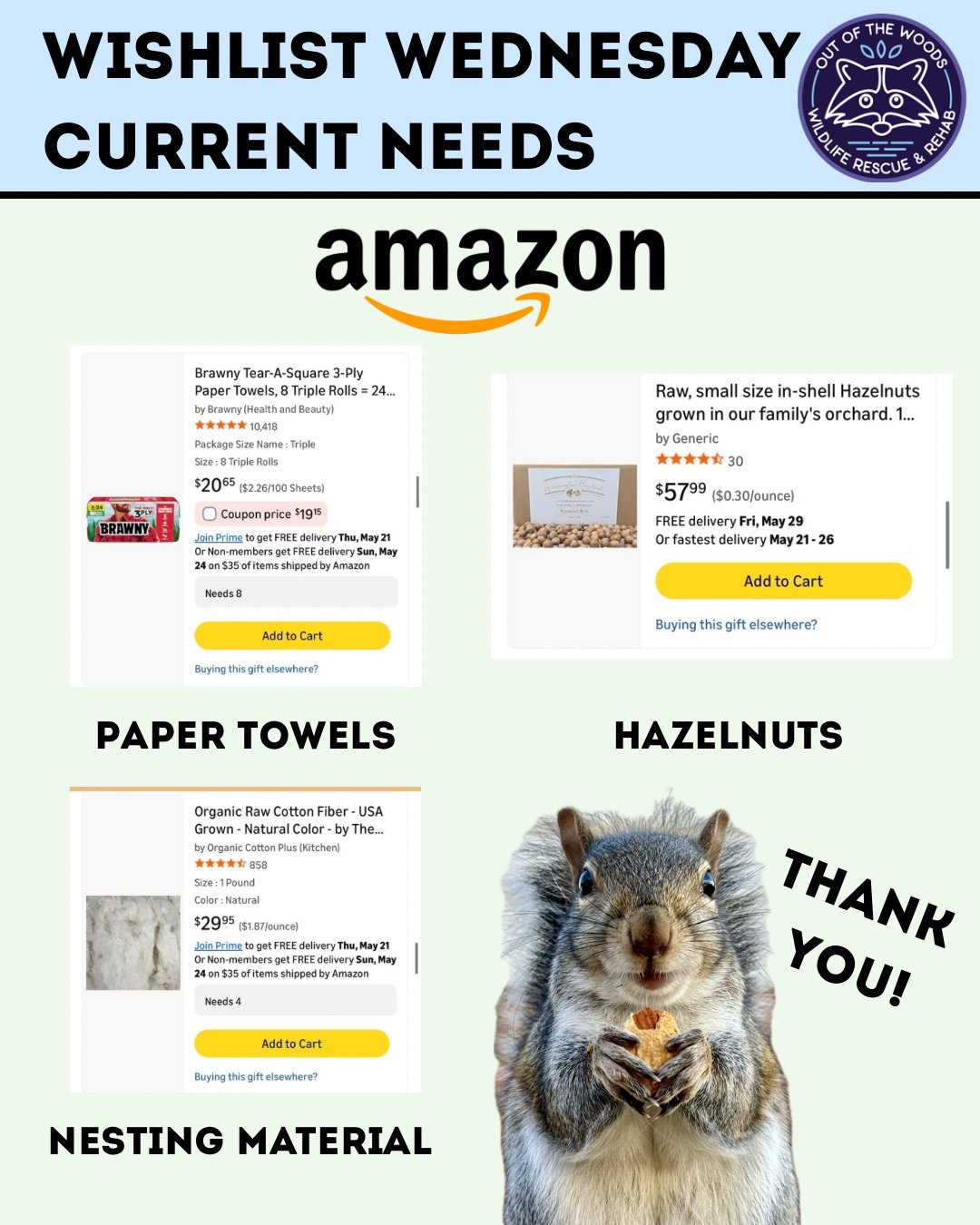 Happy Wishlist Wednesday! We are currently in need of paper towels, hazelnuts, and cotton nesting material this week! Amazon wishlist here: https://bit.ly/42EHu5z 
⭐️THANK YOU for your continued support and making the work we do possible!⭐️
#wishlist