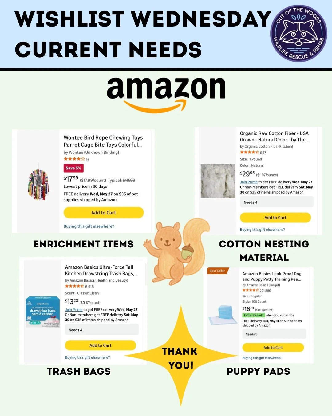 Happy Wishlist Wednesday! High priority items this week are: enrichment items, trash bags, cotton nesting material, and puppy pads! Amazon wishlist here: https://bit.ly/42EHu5z 
⭐️THANK YOU for your continued support and making the work we do possibl