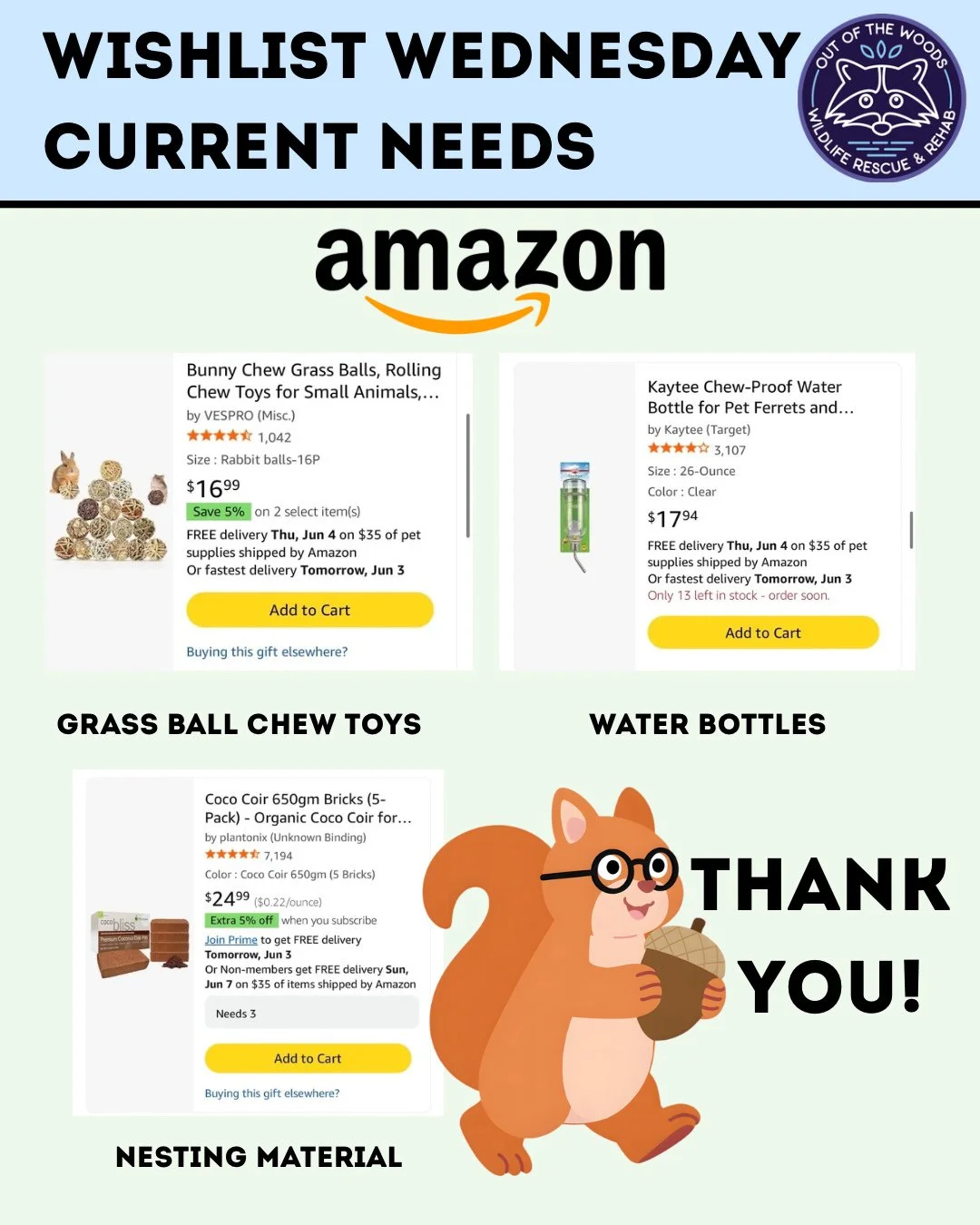 Happy Wishlist Wednesday! High priority items for our squirrel patients this week are: grass ball chew toys, glass water bottles, and nesting material! Amazon wishlist here: https://bit.ly/42EHu5z 
⭐️THANK YOU for your continued support and making th
