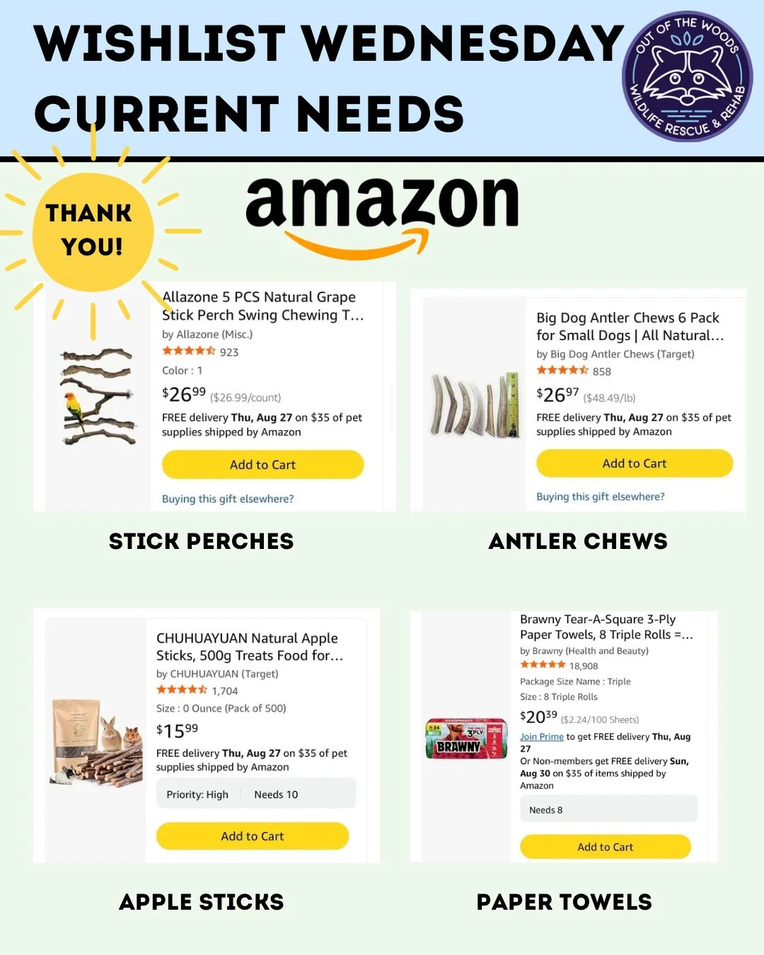 Happy Wishlist Wednesday! High priority items this week are: squirrel enrichment items like apple sticks, antler chews, and perch swings! Paper towels are also on the list! Amazon wishlist here: https://bit.ly/42EHu5z 
⭐️THANK YOU for your continued 