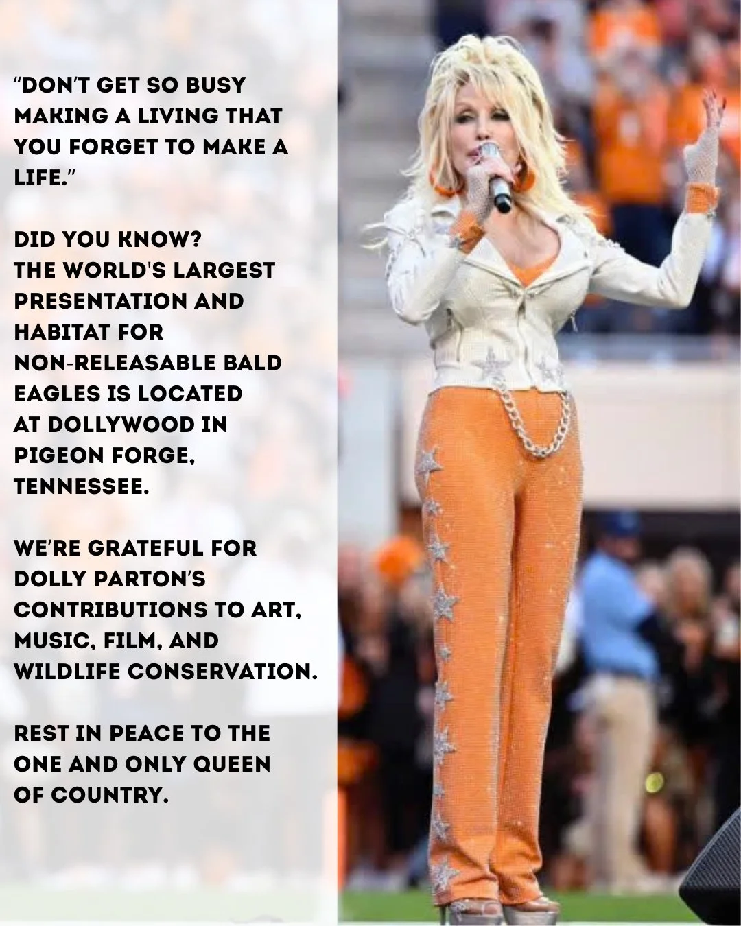 Let us know your favorite Dolly Parton memory in the comments! Did you know she played an important role in the preservation of bald eagles in Tennessee? Her legacy will certainly live on! Rest in peace to the irreplaceable Queen of Country. #dollypa