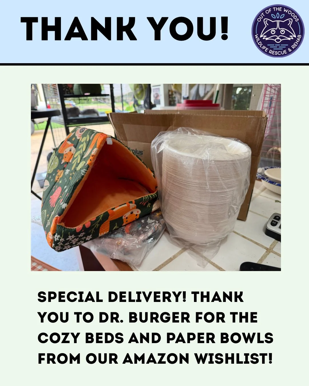 Wishlist Wednesday mail! Thank you to Dr. Burger for the cozy beds and paper bowls from our Amazon Wishlist! #thankyou #donorappreciation #nonprofit #wishlistwednesday #amazonwishlist #wildliferehab