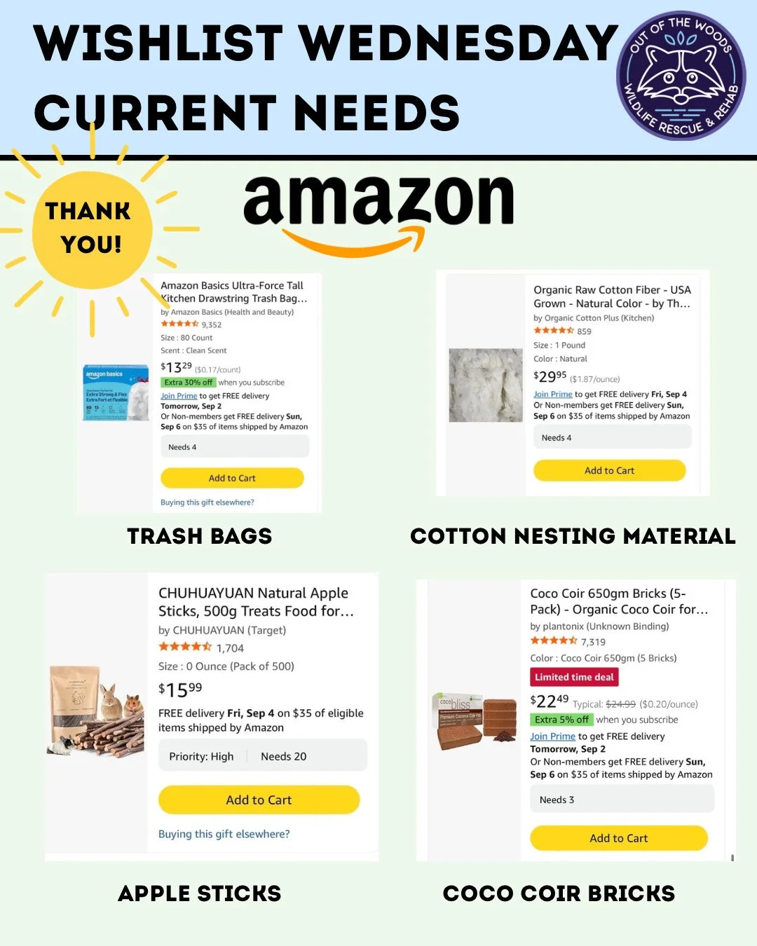 It&rsquo;s Wishlist Wednesday and these items are at the top of our list this week! Trash bags, cotton nesting material, apple sticks, and coco coir bricks are of high priority.  Amazon wishlist here: https://bit.ly/42EHu5z 
⭐️THANK YOU for your cont