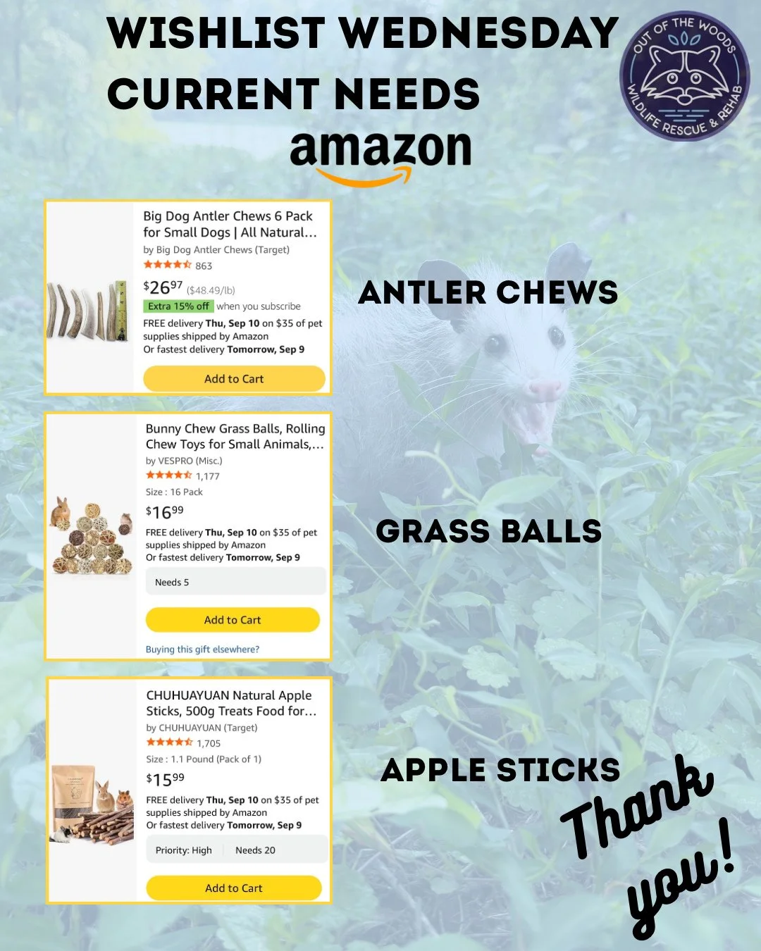 It&rsquo;s Wishlist Wednesday and these items are at the top of our list this week! Antler chews, grass balls, and apple sticks are of high priority. Amazon wishlist here: https://bit.ly/42EHu5z 
⭐️THANK YOU for your continued support and making the 