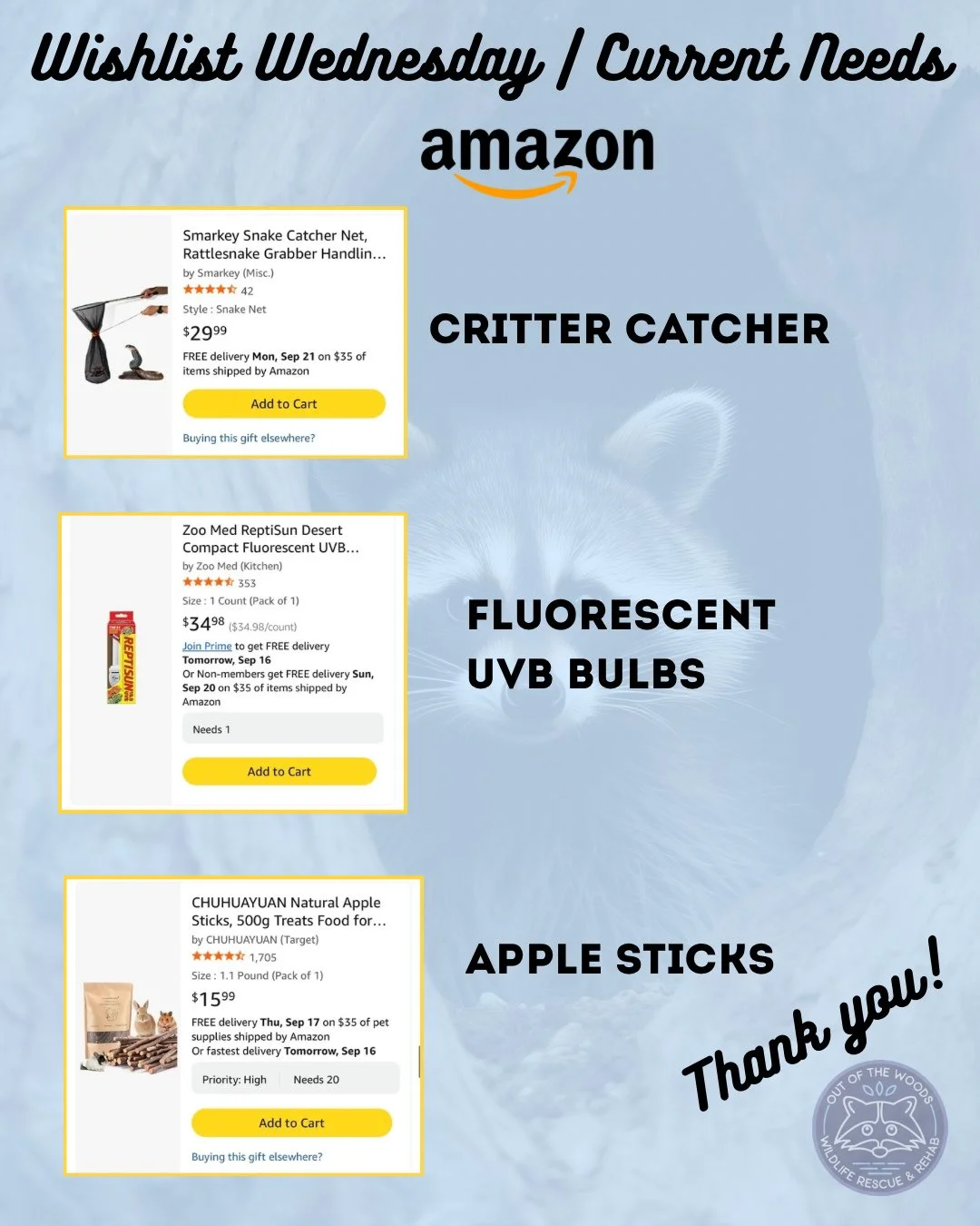 It&rsquo;s Wishlist Wednesday and these items are at the top of our list this week! A critter catcher, fluorescent UVB bulbs, and apple sticks are of high priority. Amazon wishlist here: https://bit.ly/42EHu5z 
⭐️THANK YOU for your continued support 