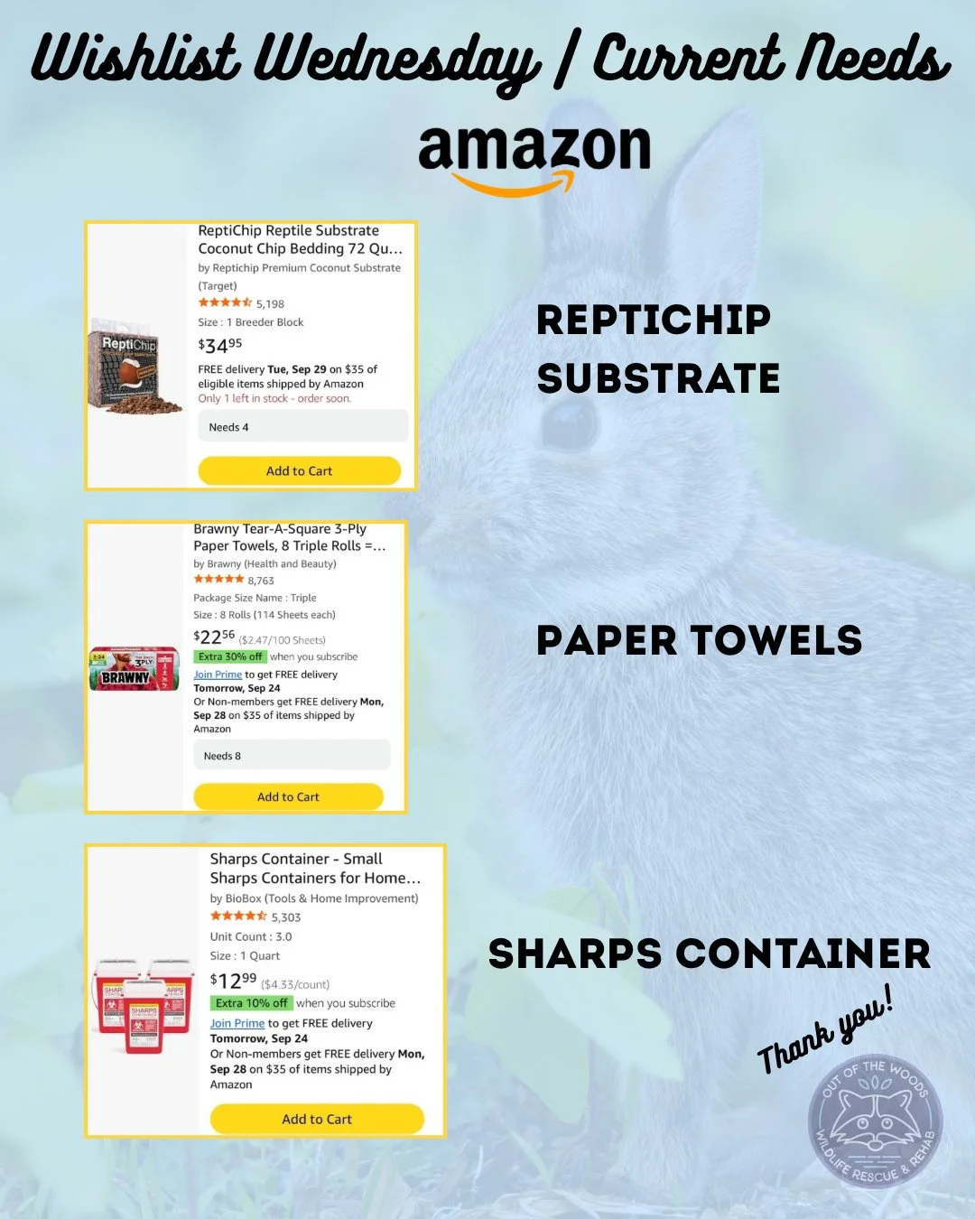 Happy Wishlist Wednesday! High priority items this week are: ReptiChip reptile substrate, paper towels, and small sharps containers! Amazon wishlist here: https://bit.ly/42EHu5z 
⭐️THANK YOU for your continued support and making the work we do possib