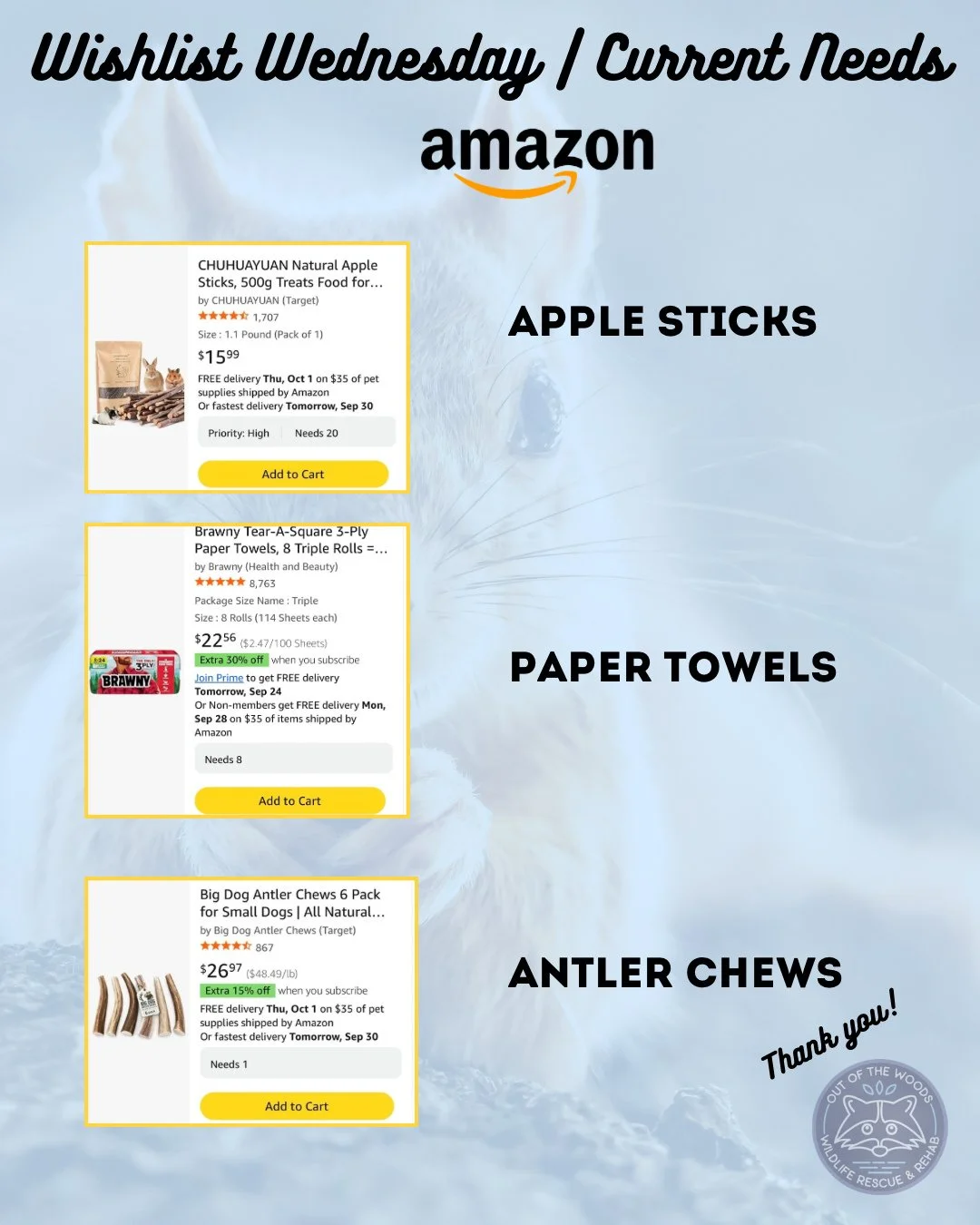 Happy Wishlist Wednesday! High priority items this week are Apple sticks, paper towels, and antler chews! Amazon wishlist here: https://bit.ly/42EHu5z 
⭐️THANK YOU for your continued support and making the work we do possible!⭐️
#wishlistwednesday #a