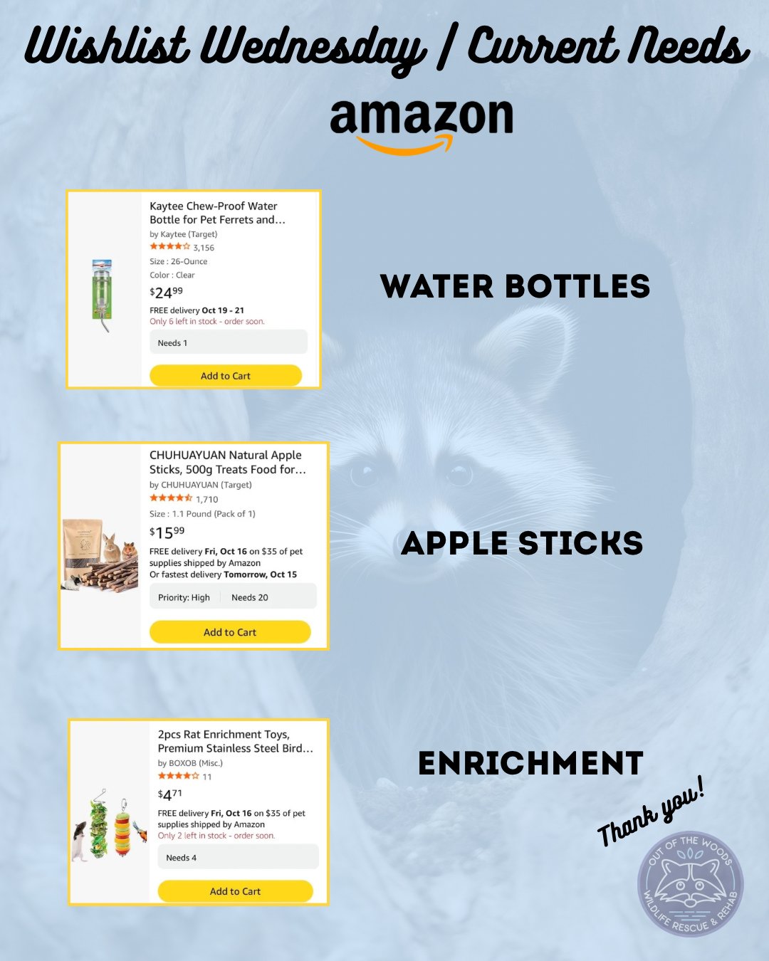 It&rsquo;s Wishlist Wednesday and these items are at the top of our list this week! Water bottles, apple sticks, and enrichment items are of high priority. Amazon wishlist here: https://bit.ly/42EHu5z 
⭐️THANK YOU for your continued support and makin