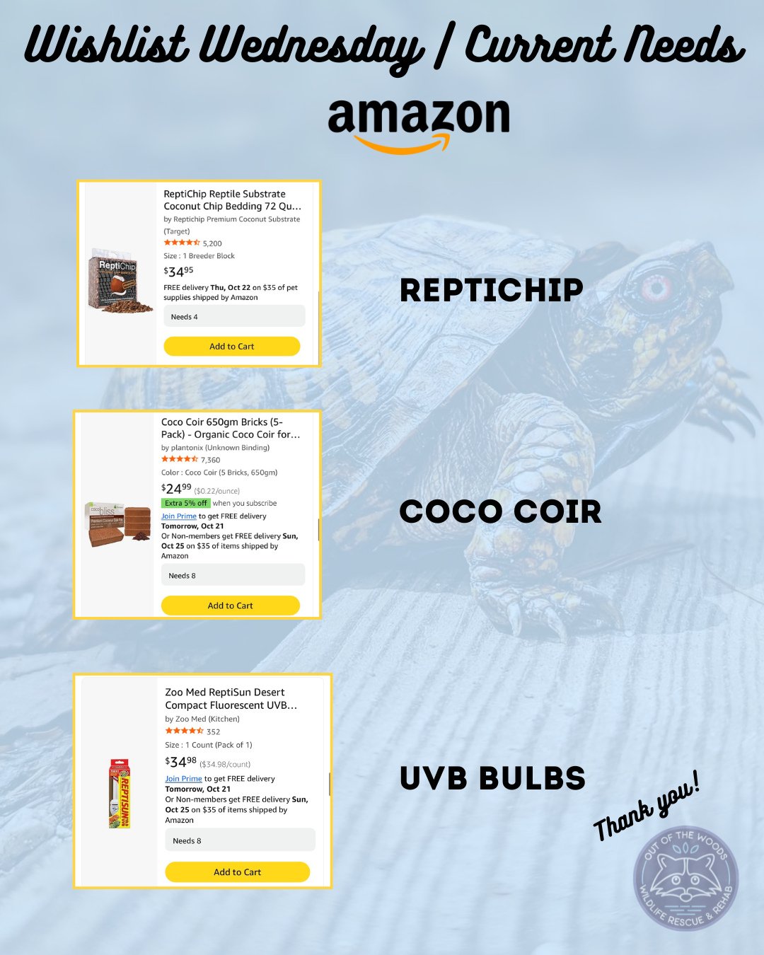 It&rsquo;s Wishlist Wednesday and these items are at the top of our list this week! ReptiChip,
Coco Coir, and UVB bulbs are all of high priority. Amazon wishlist here: https://bit.ly/42EHu5z 
⭐️THANK YOU for your continued support and making the work
