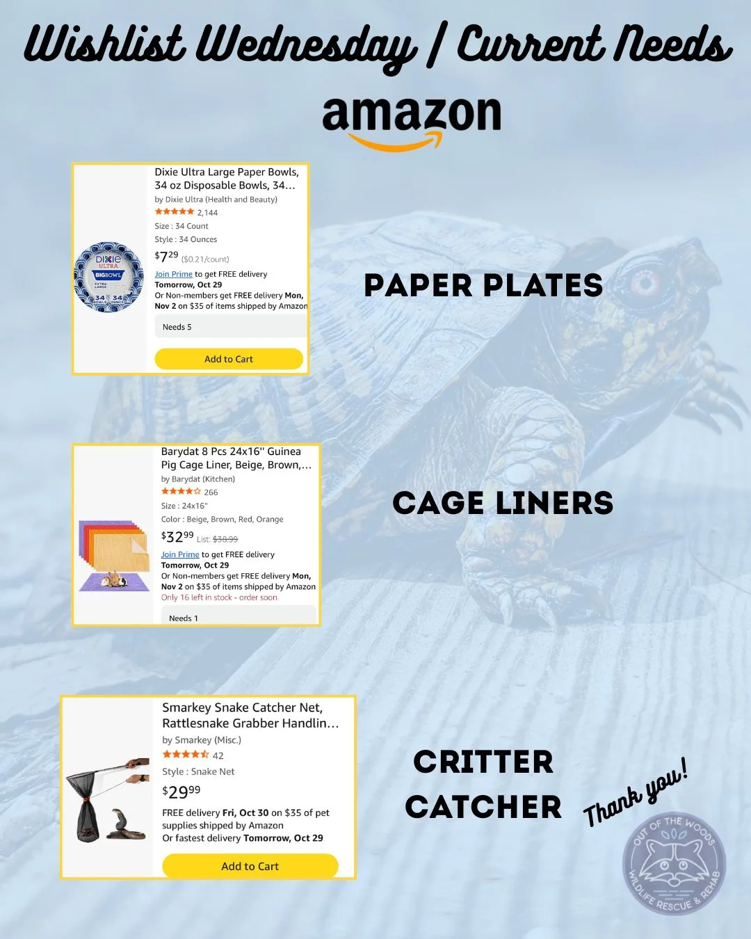 It&rsquo;s Wishlist Wednesday and these items are at the top of our list this week! Paper plates, cage liners, and a critter catcher are all of high priority. Amazon wishlist here: https://bit.ly/42EHu5z 
⭐️THANK YOU for your continued support and ma