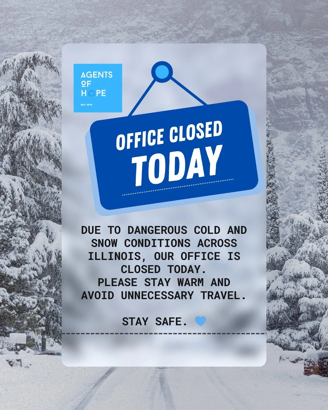 Severe cold and dangerous conditions are expected today.
For safety reasons, our office is closed today.
Take care, stay warm, and stay safe. 💙

#WithRefugees #NonprofitWork #CommunitySupport #WinterWeather #ColdWeather #Illinois