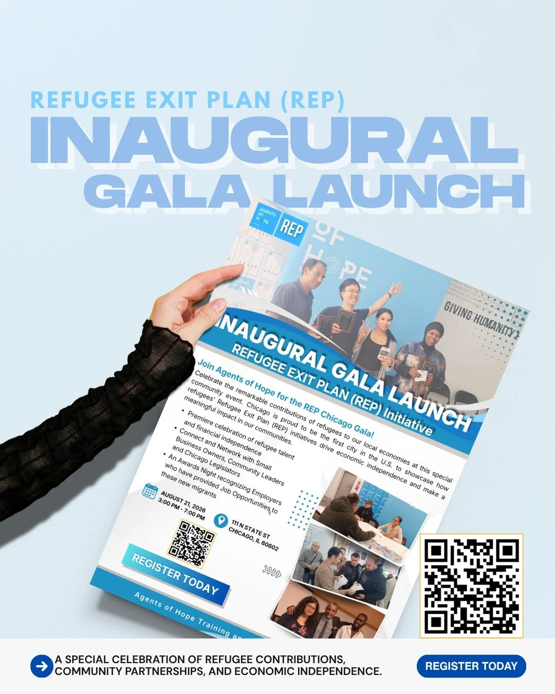 Refugees bring talent, resilience, and economic value to our communities 

... and this gala is a celebration of that impact. 

Join Agents of Hope for the REP Chicago Gala and help us launch a movement that supports independence, opportunity, and co
