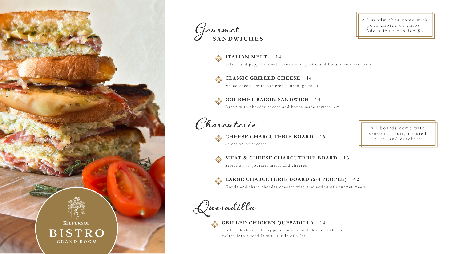Bistro Menu - Charcuterie and Grilled Cheese Sandwiches
