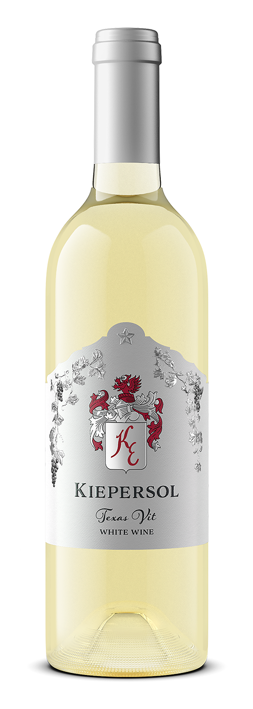 A bottle of Kiepersol Texas Hit White Wine with a silver cap and a white label featuring a crest and floral designs.