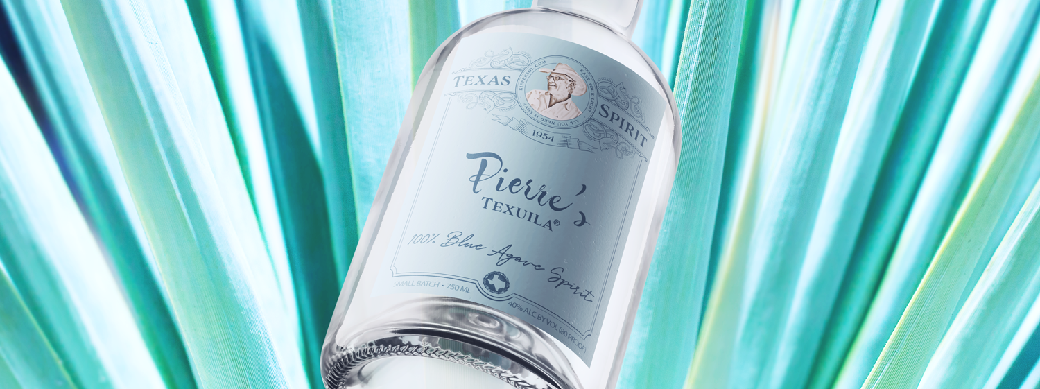 Close-up of Pierre's Texuila bottle with a blue agave background