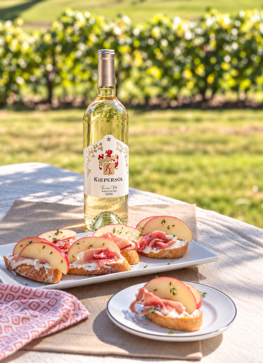 Apple, Goat Cheese & Prosciutto Crostini with Kiepersol Vit