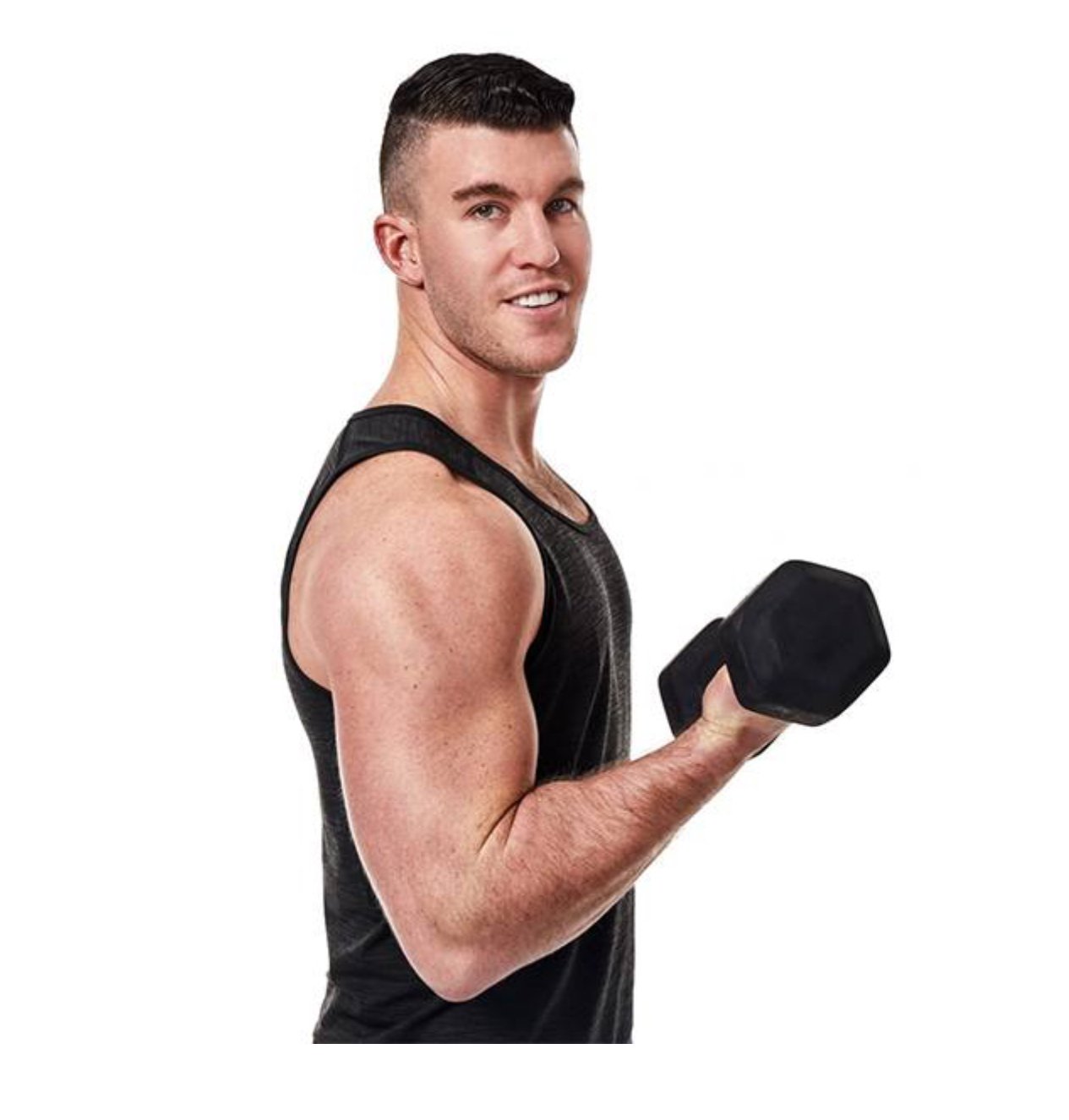 A young man with short, dark hair and a muscular build holding a black dumbbell in his right hand. He is wearing a black sleeveless athletic shirt and standing against a white background.