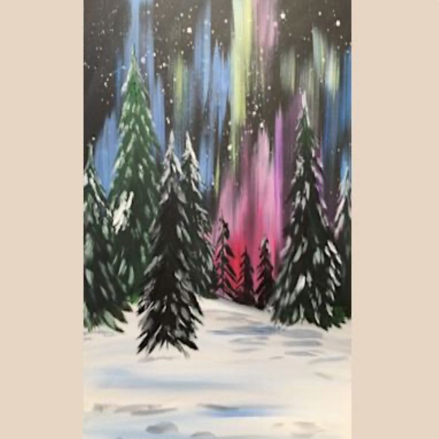 ✨Upcoming Class! ✨ 
Sunday, December 1️⃣1️⃣ at 2:30! 
Join us in painting the Northern Lights! 🎨 What a relaxing way to spend your Sunday afternoon by painting something beautiful! 
Make sure to check out our website for more upcoming classes that w