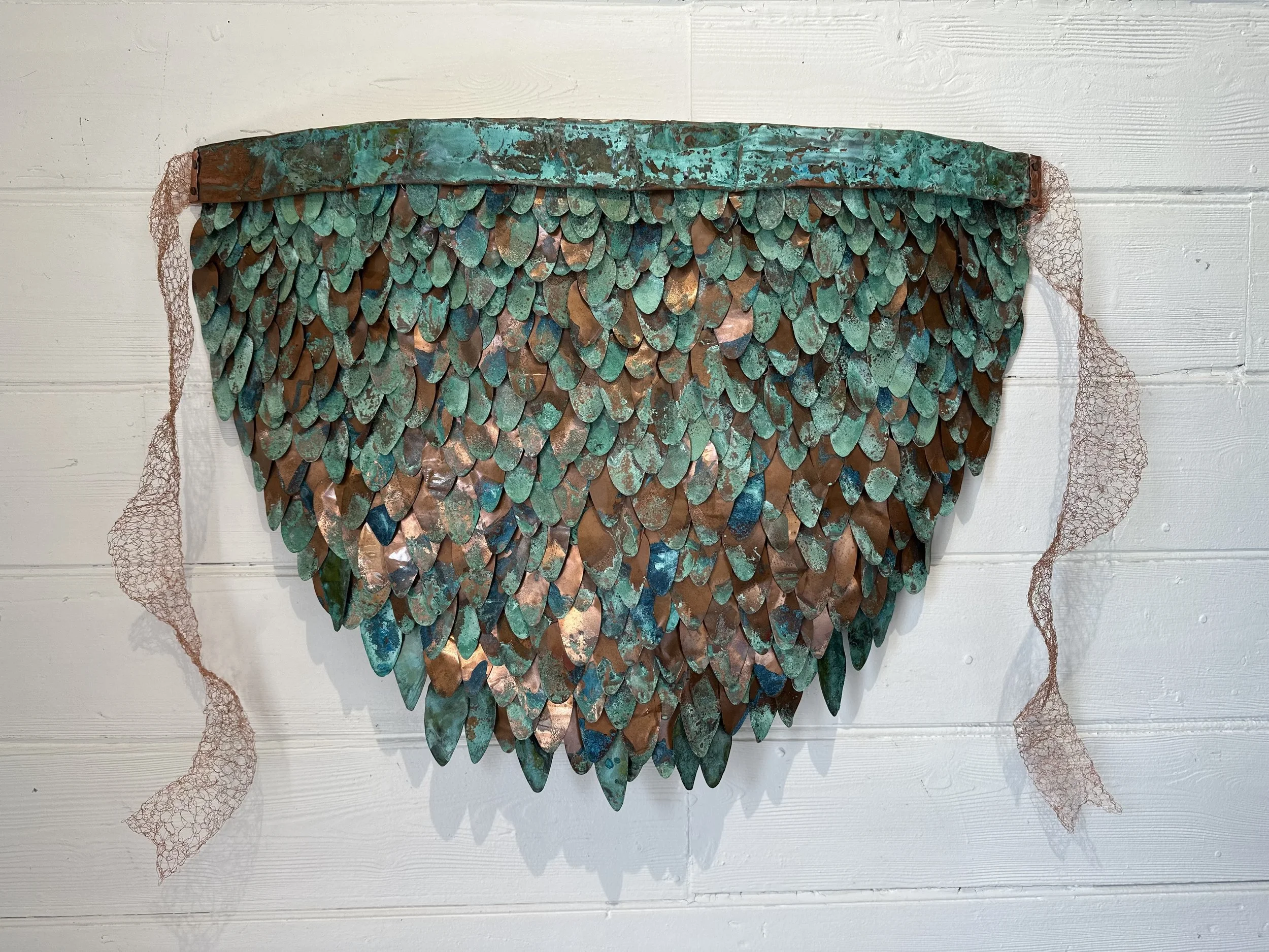 Font, 2025 
Copper shim, recycled copper wire, copper tacks, tapestry webbing, jump rings, ply. 750mm x 600mm