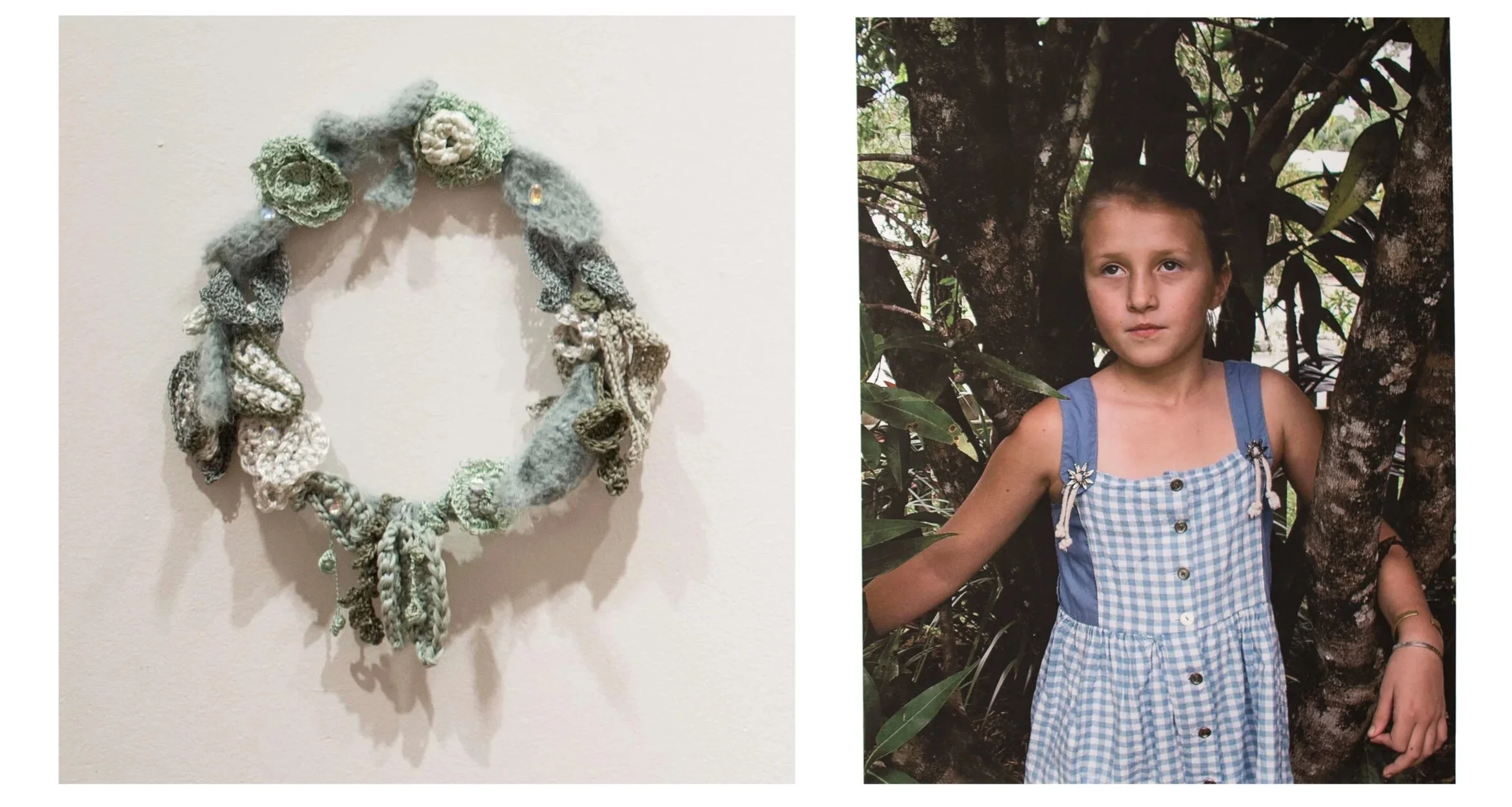 'Mathilde' 2015- 2017 
Digital image and wreath. Glass beads, millinery wire, silk yarn, angora and cotton. Dimensions variable.