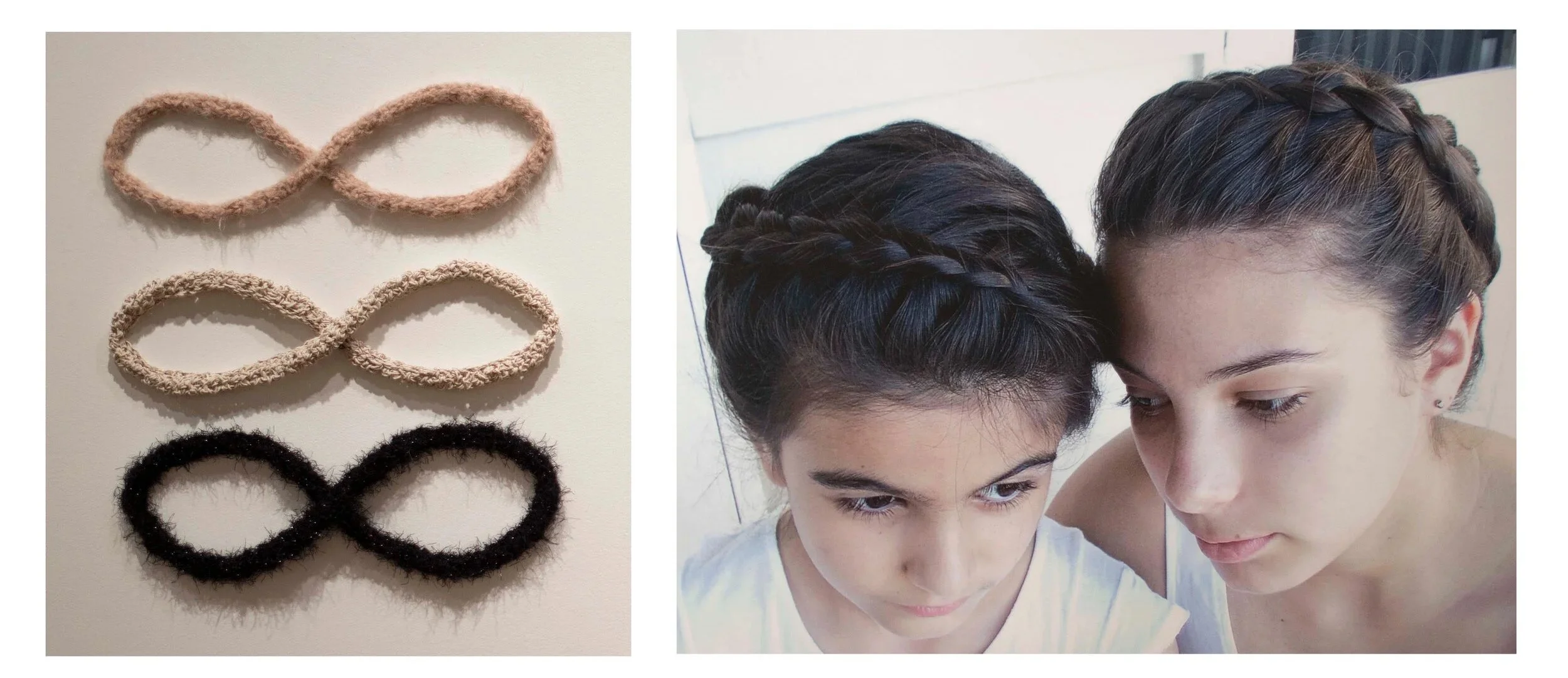 'Sisters' 2015 -2017 
Digital image and infinity symbols. Crotched copper wire, angora, cooking twine, mohair. Dimensions variable.