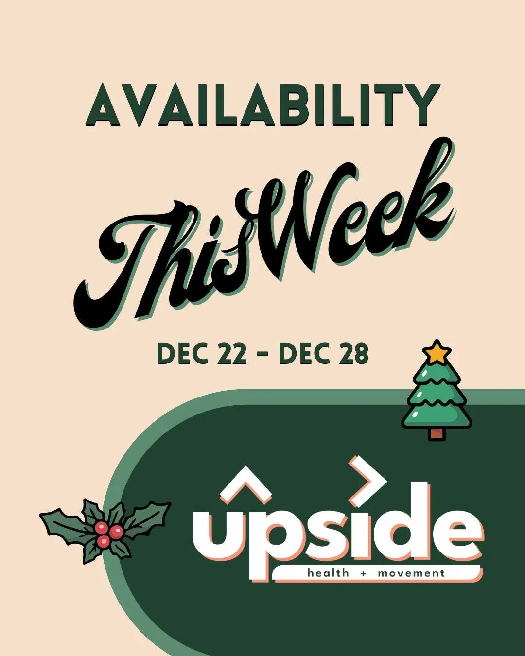 The Christmas countdown is ON! 🎅✨

Between the last-minute shopping and the end-of-year deadlines, don&rsquo;t forget to listen to your body. We have a few final appointments left this week to help you head into the holidays feeling your best.

PLUS